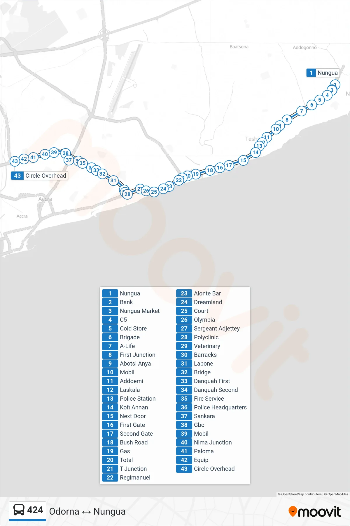 424 bus Line (Odorna) route and stops on a map