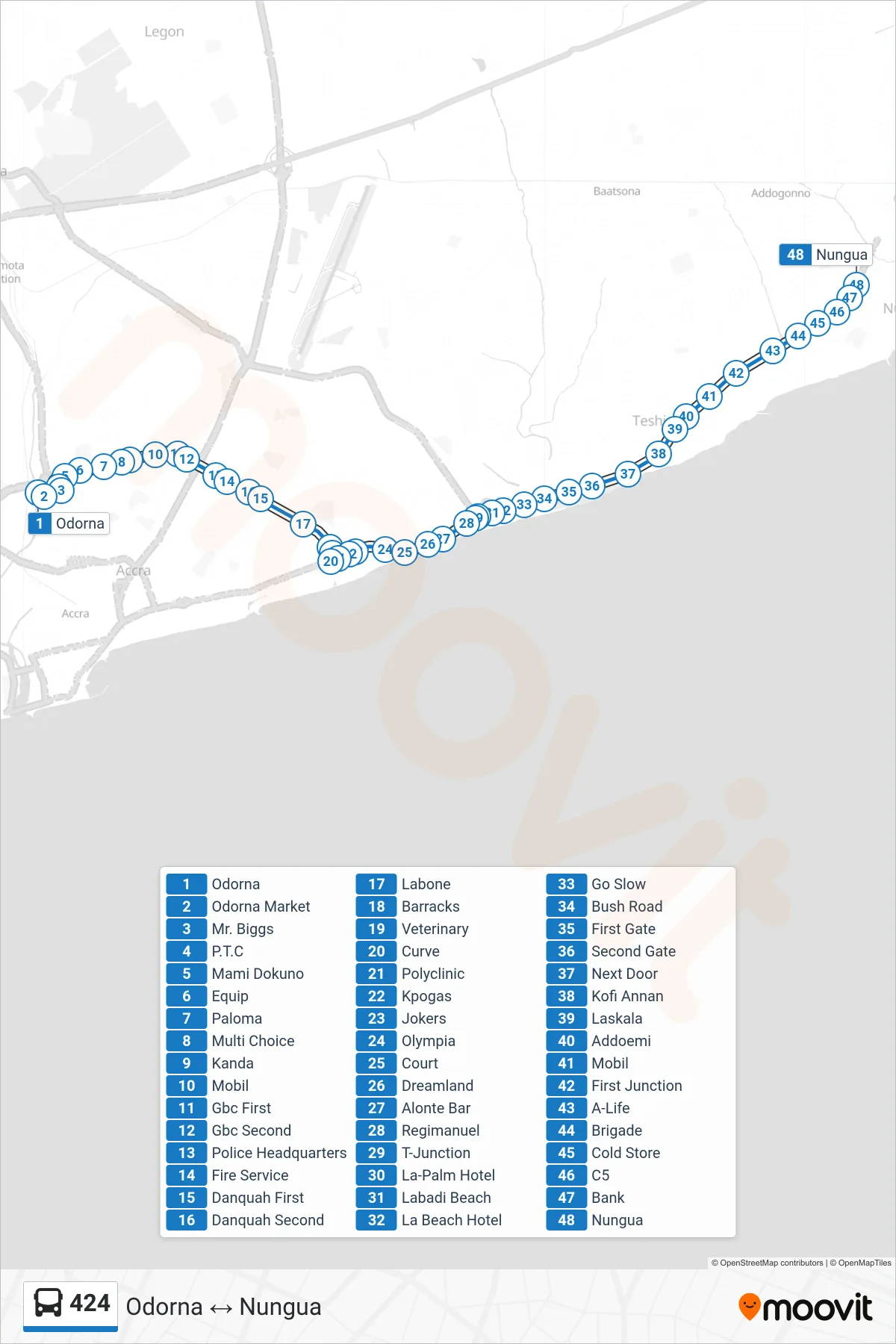 424 bus Line (Nungua) route and stops on a map