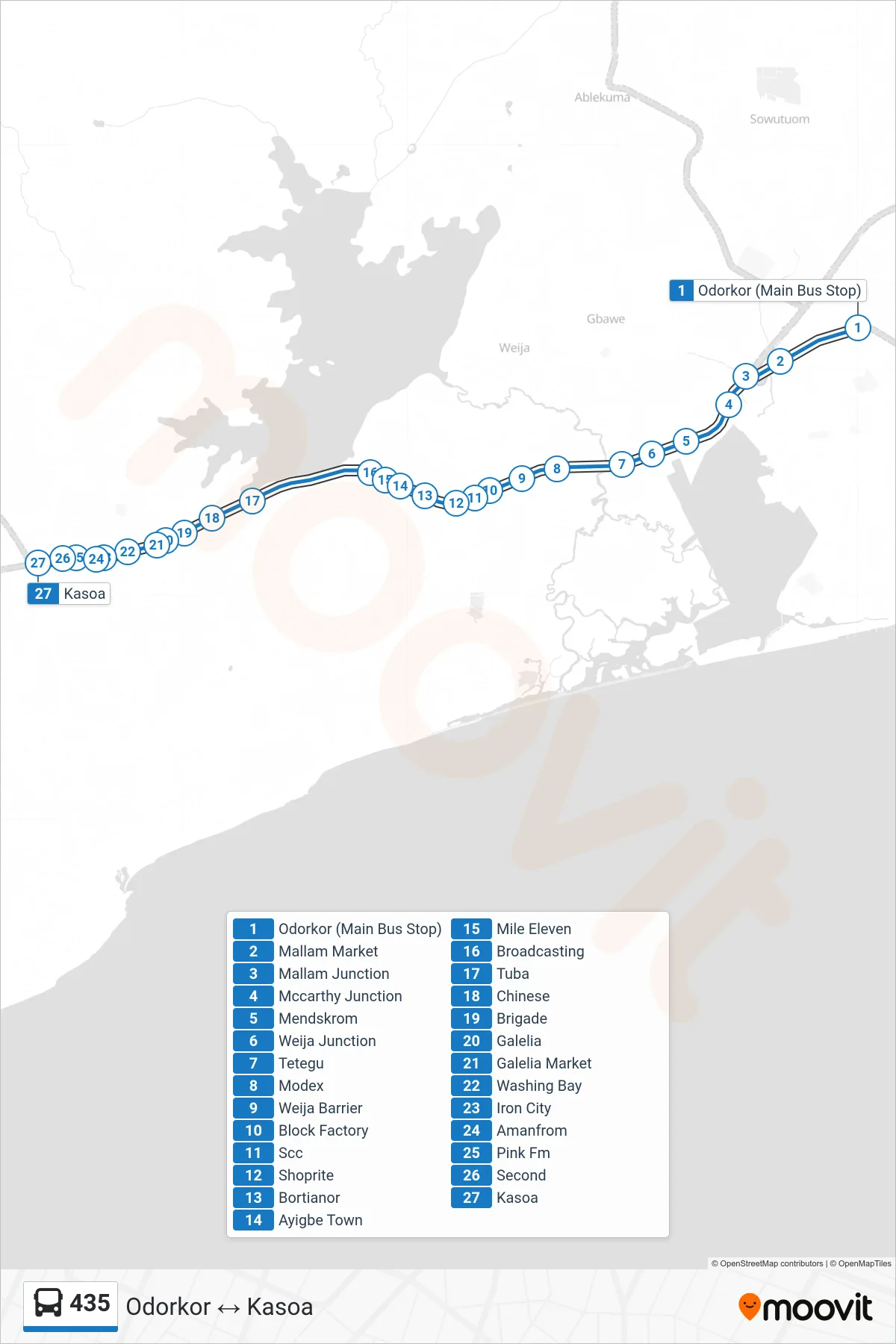 435 bus Line (Kasoa) route and stops on a map