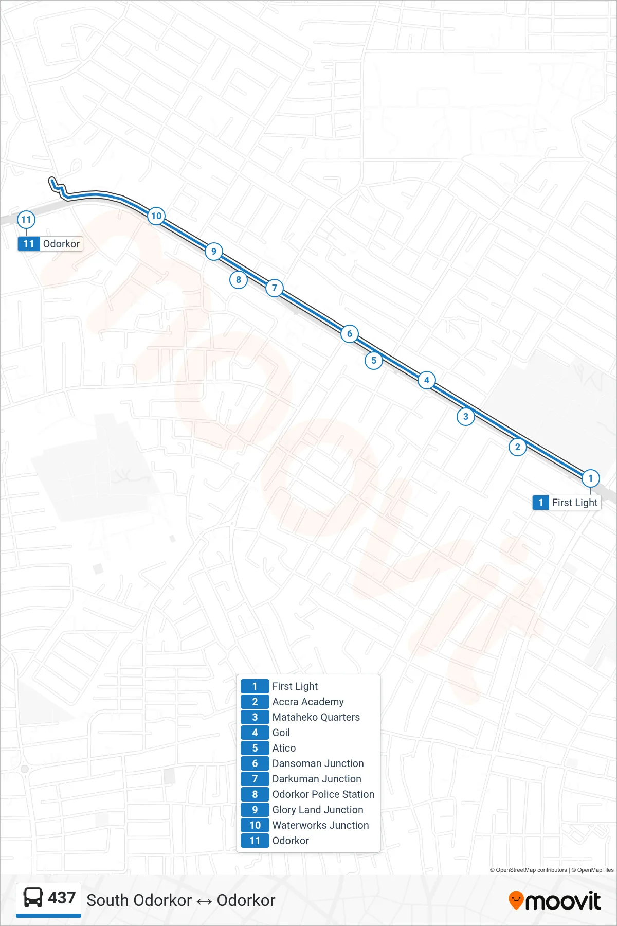 437 bus Line (Odorkor) route and stops on a map