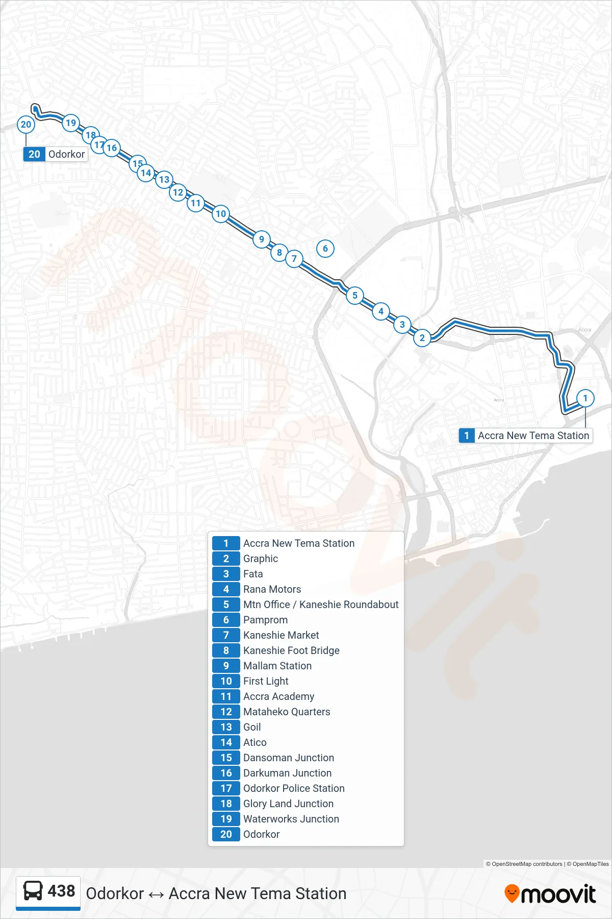 438 bus Line (Odorkor) route and stops on a map