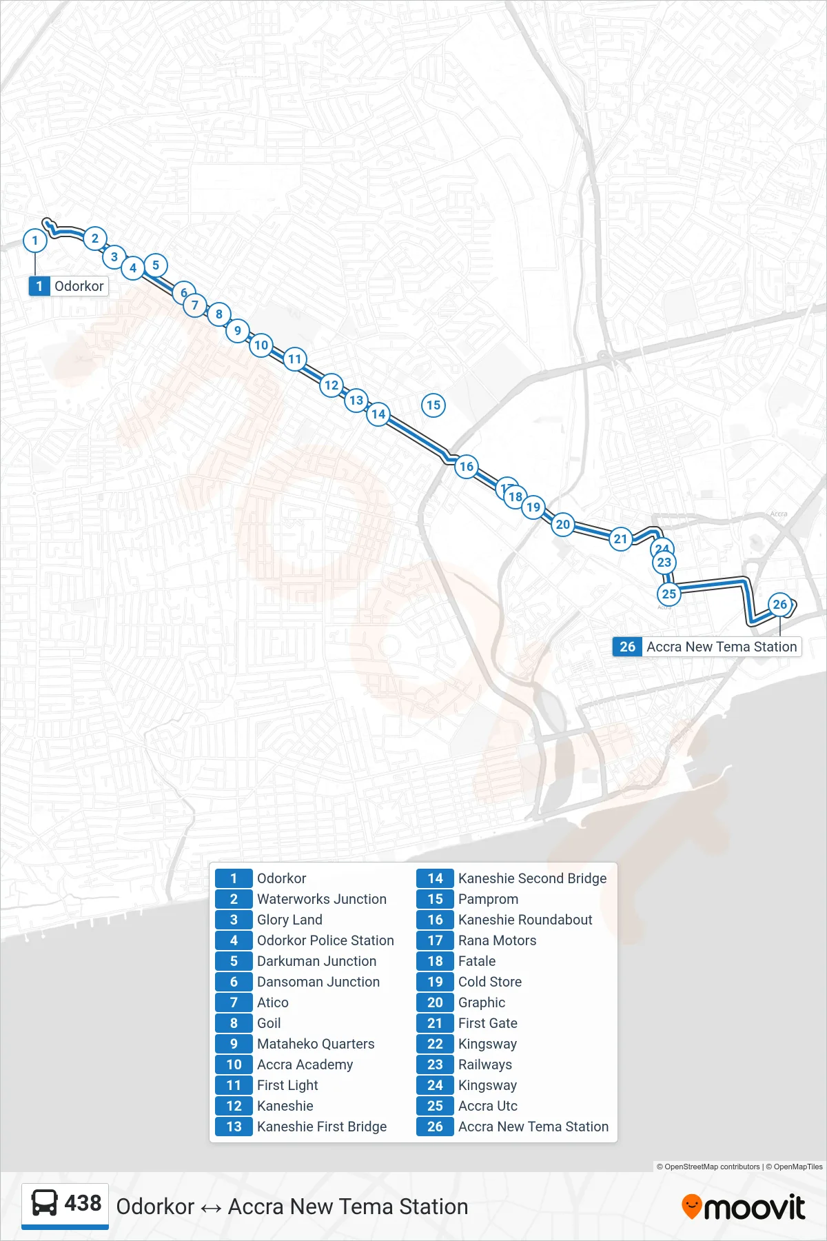 438 bus Line (Accra New Tema Station) route and stops on a map