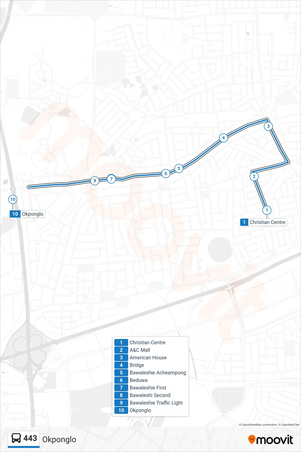 443 bus Line (Okponglo) route and stops on a map
