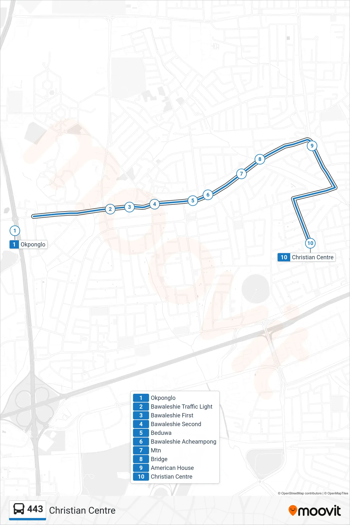 443 bus Line (Christian Centre) route and stops on a map