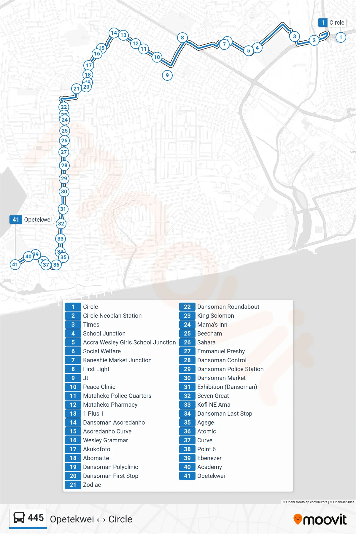 445 bus Line (Opetekwei) route and stops on a map