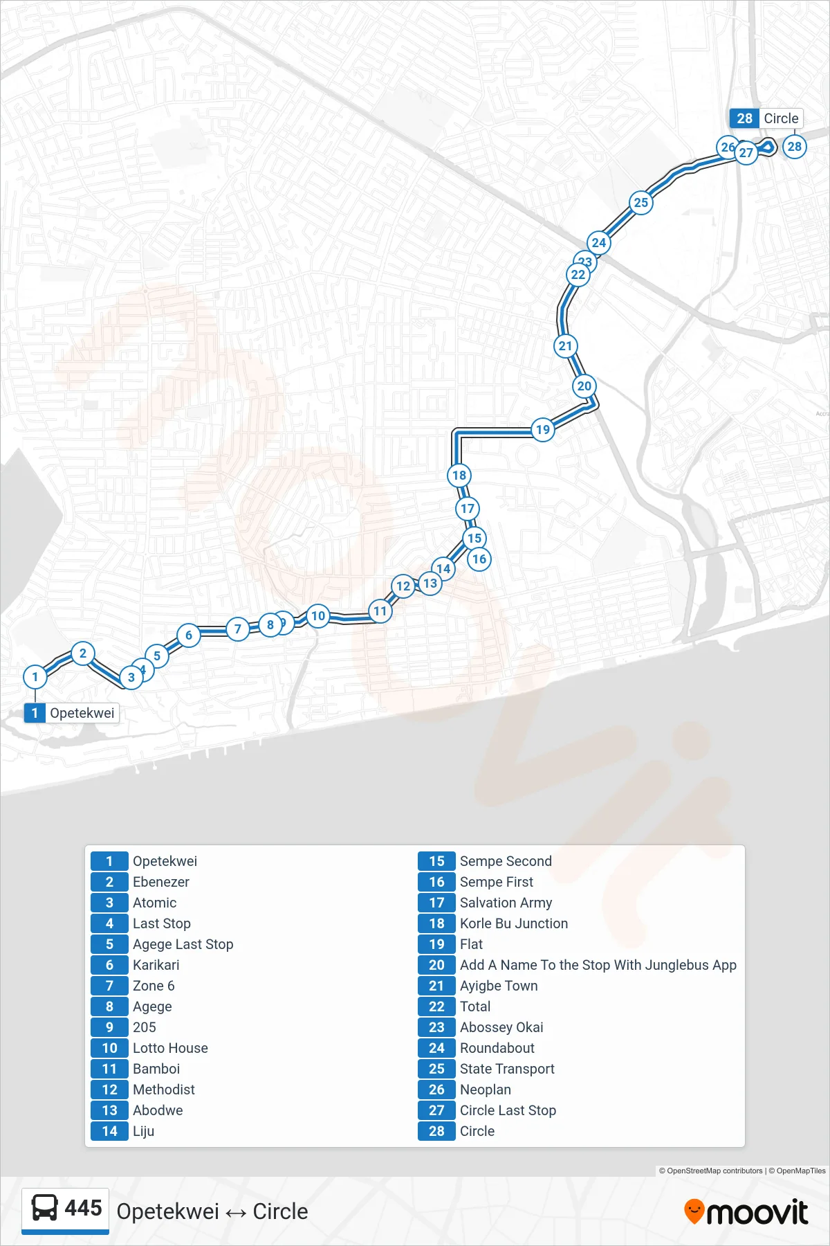 445 bus Line (Circle) route and stops on a map