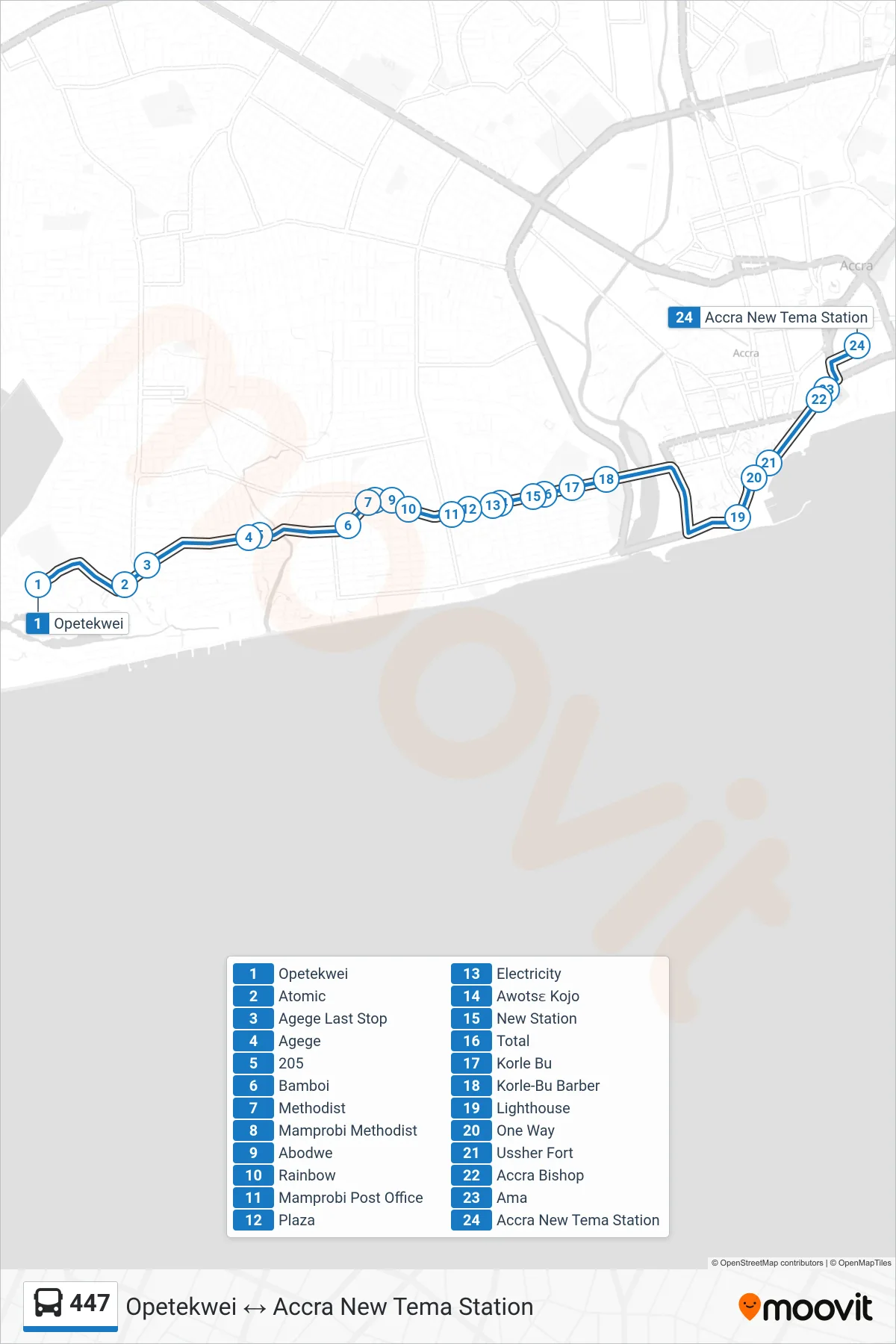 447 bus Line (Accra New Tema Station) route and stops on a map