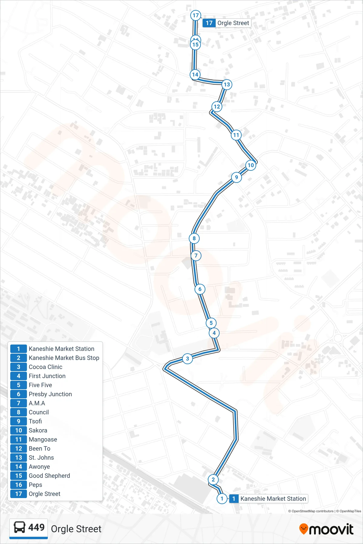449 bus Line (Orgle Street) route and stops on a map