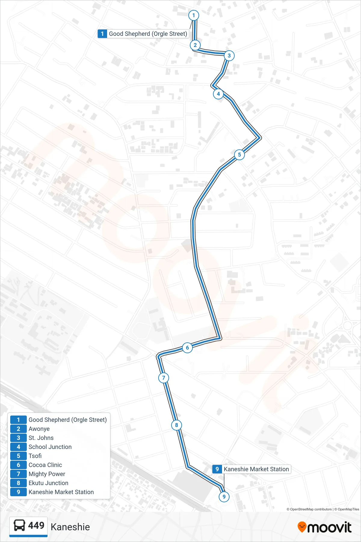 449 bus Line (Kaneshie) route and stops on a map