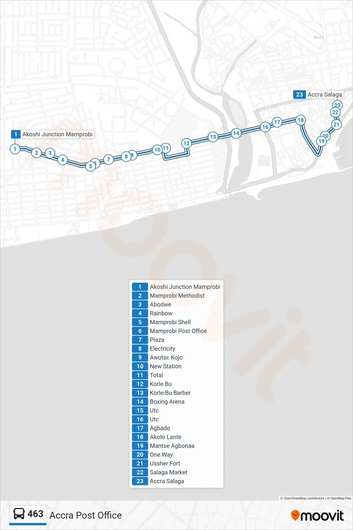 463 bus Line (Accra Post Office) route and stops on a map