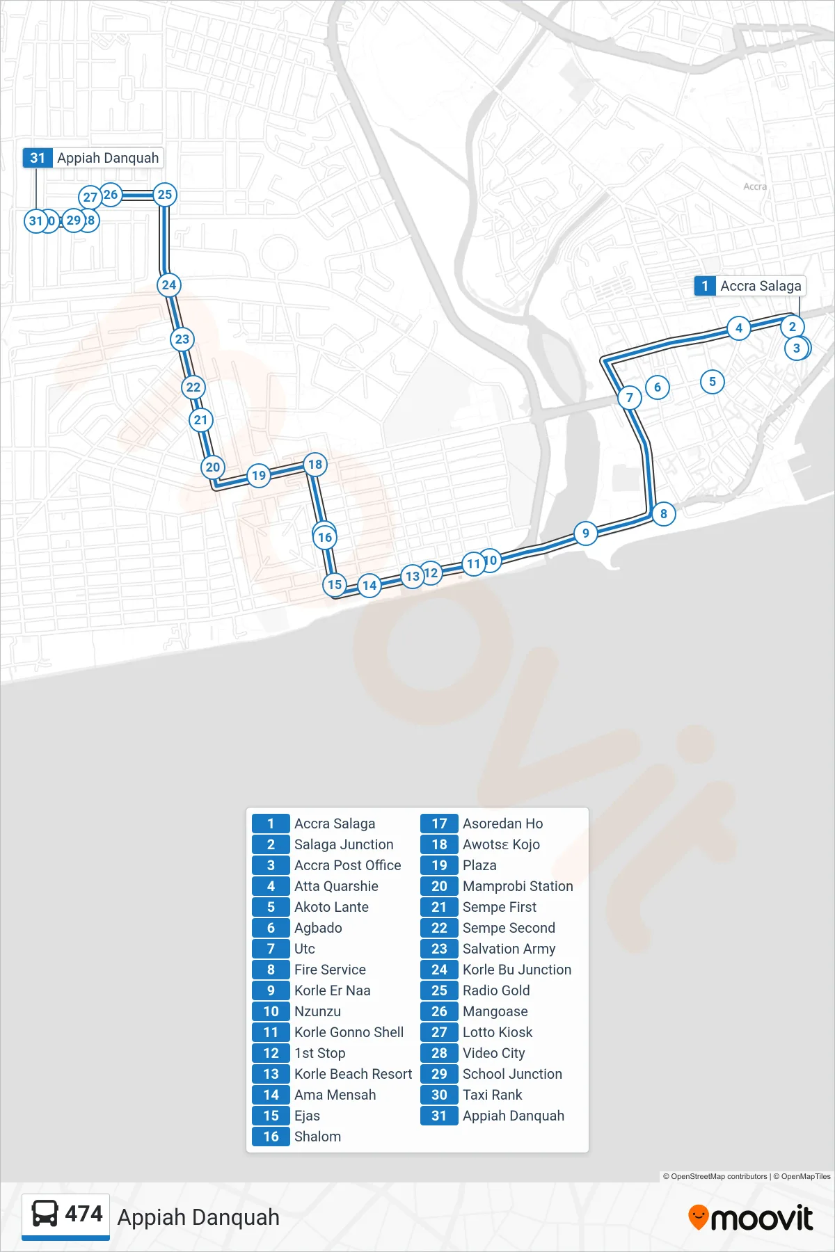 474 bus Line (Appiah Danquah) route and stops on a map