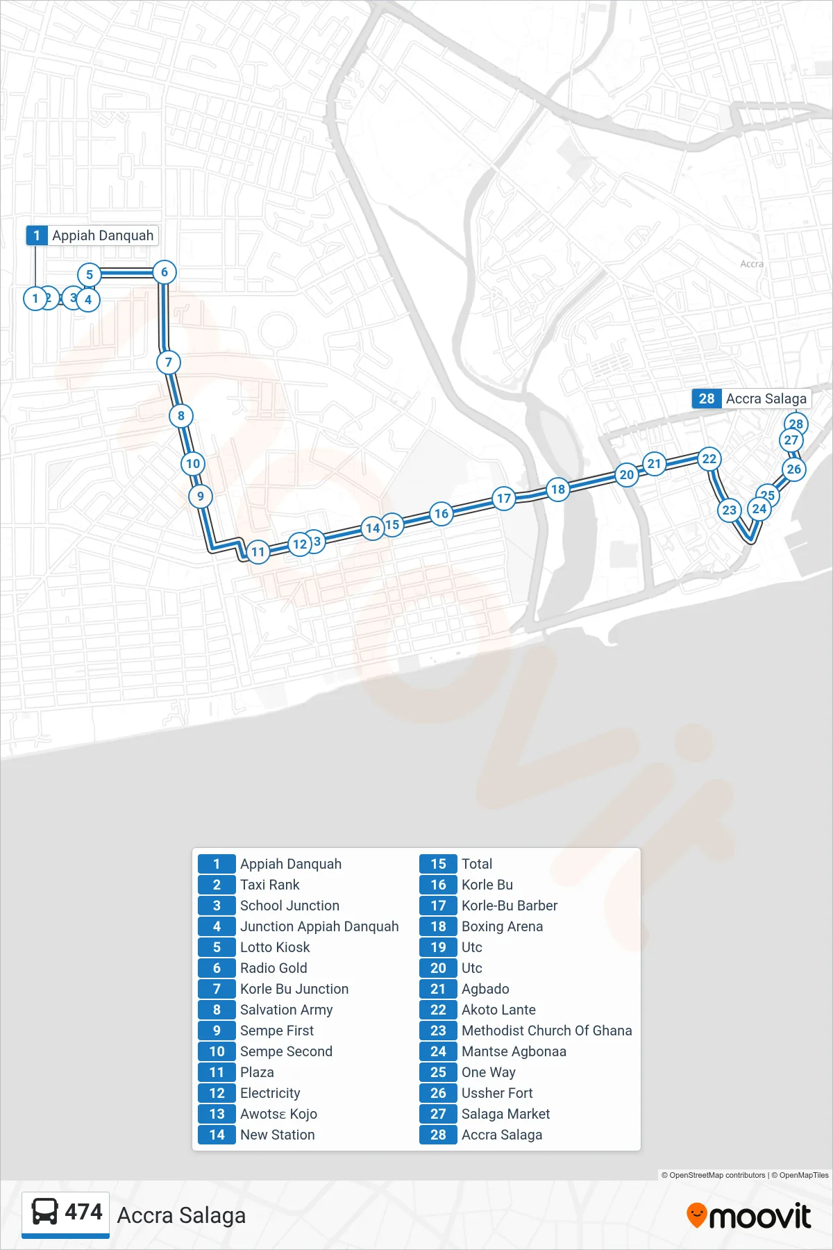 474 bus Line (Accra Salaga) route and stops on a map