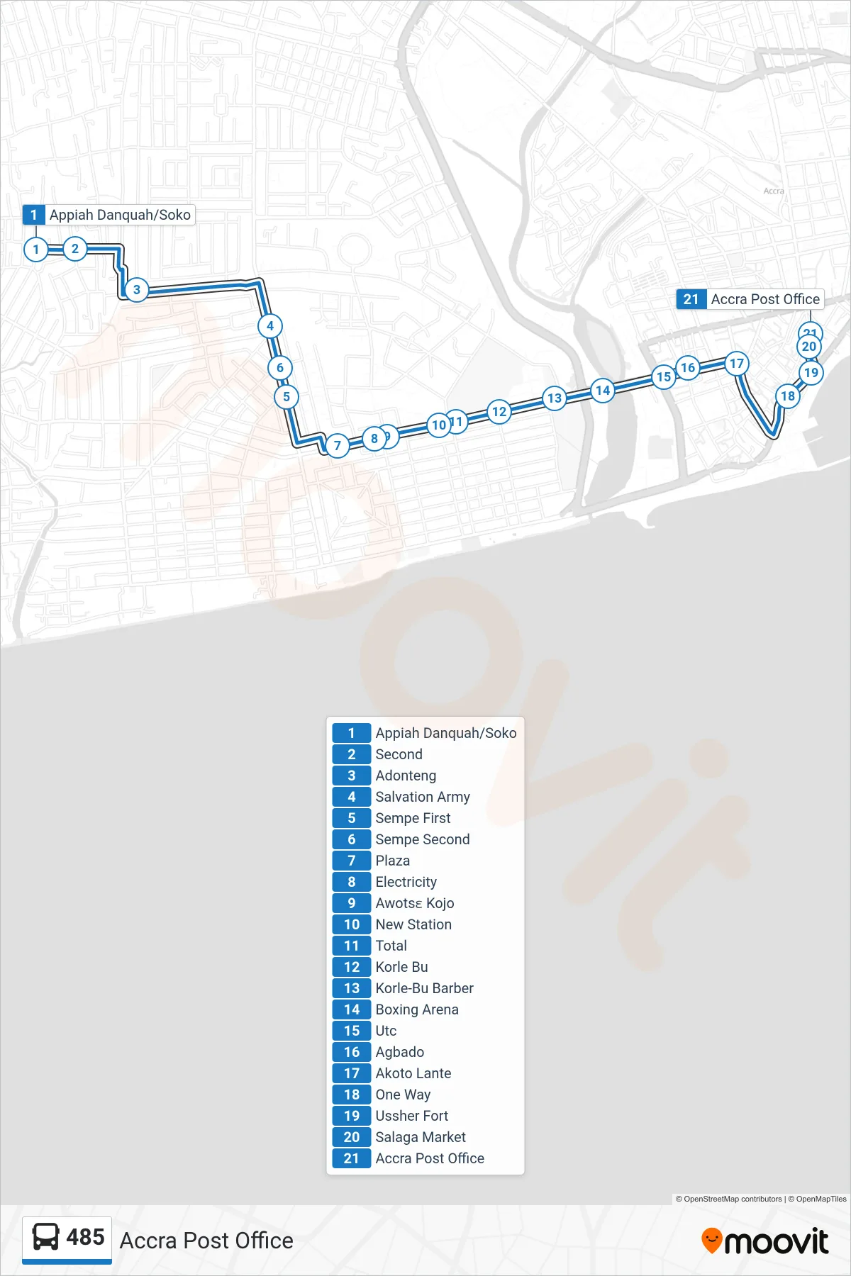 485 bus Line (Accra Post Office) route and stops on a map