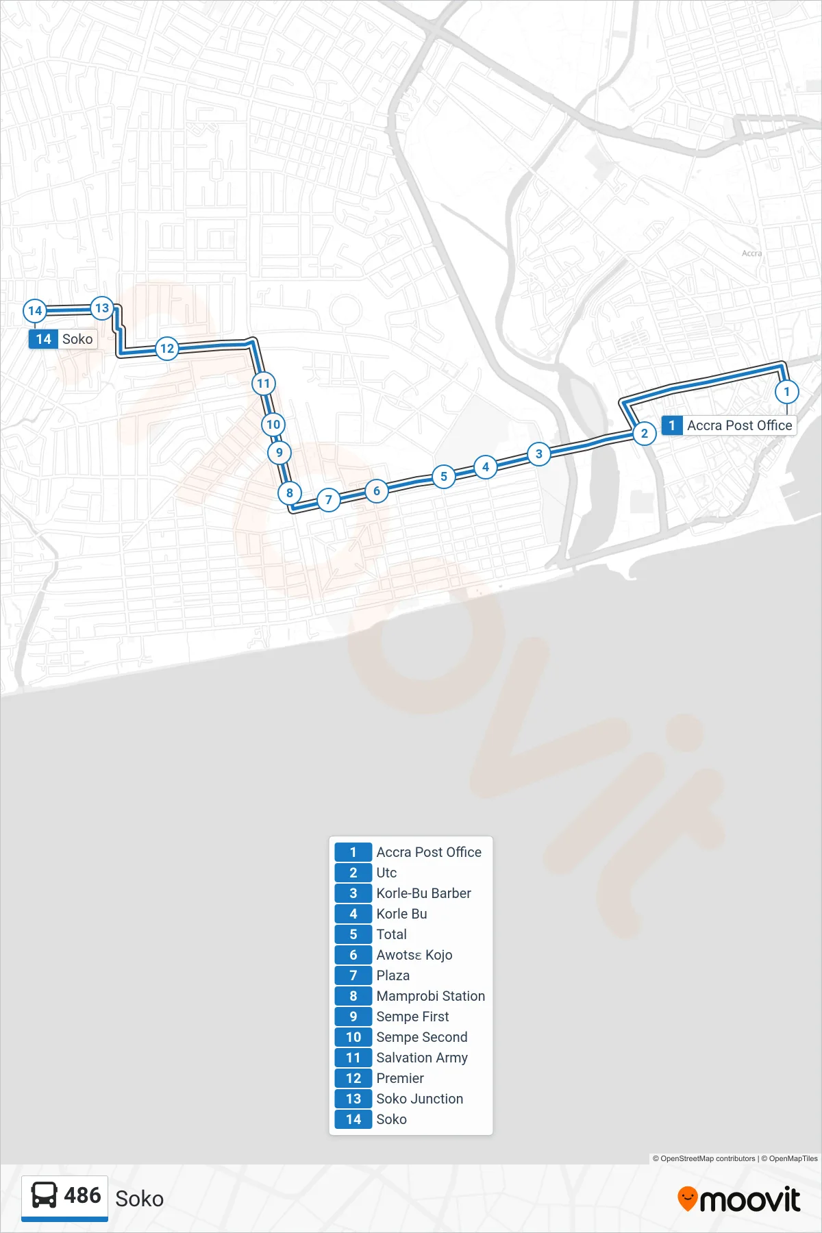 486 bus Line (Soko) route and stops on a map