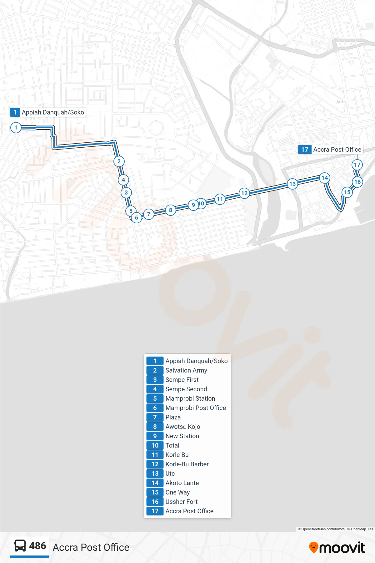486 bus Line (Accra Post Office) route and stops on a map