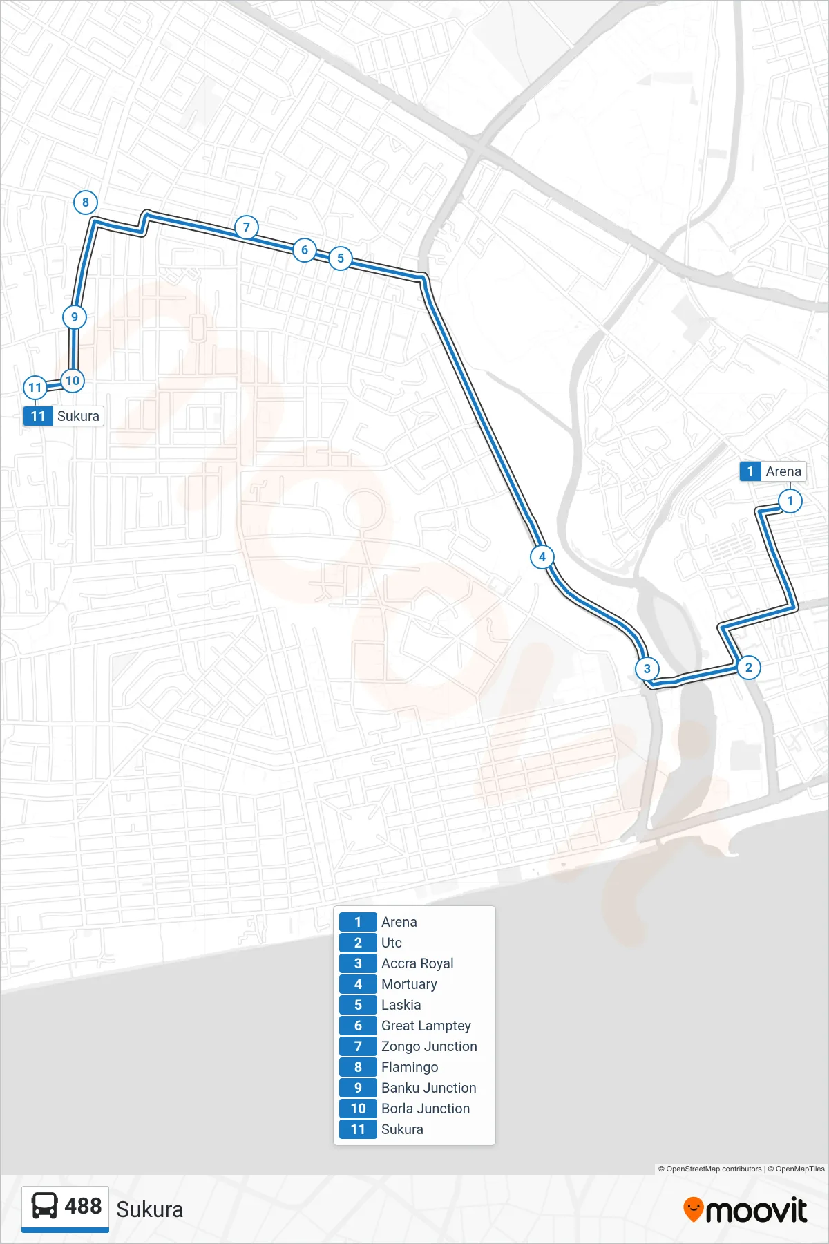 488 bus Line (Sukura) route and stops on a map