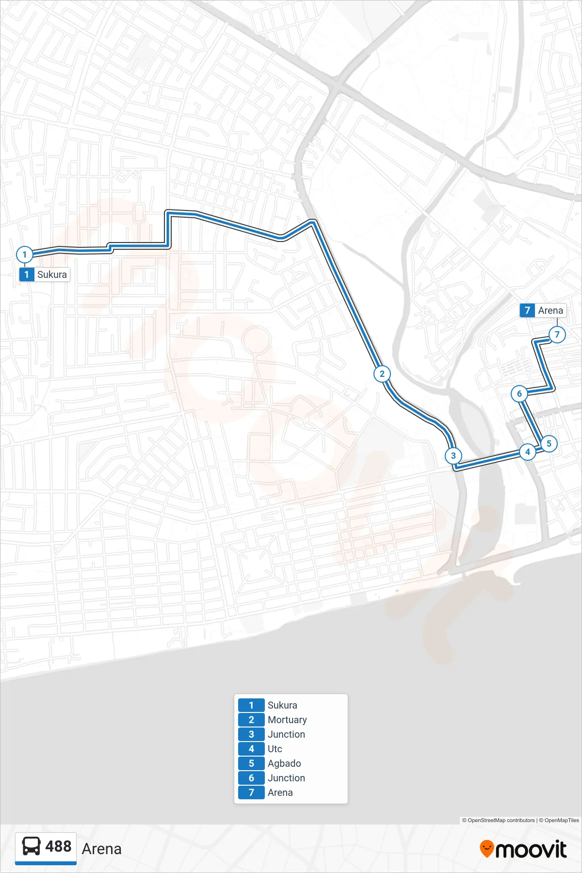 488 bus Line (Arena) route and stops on a map