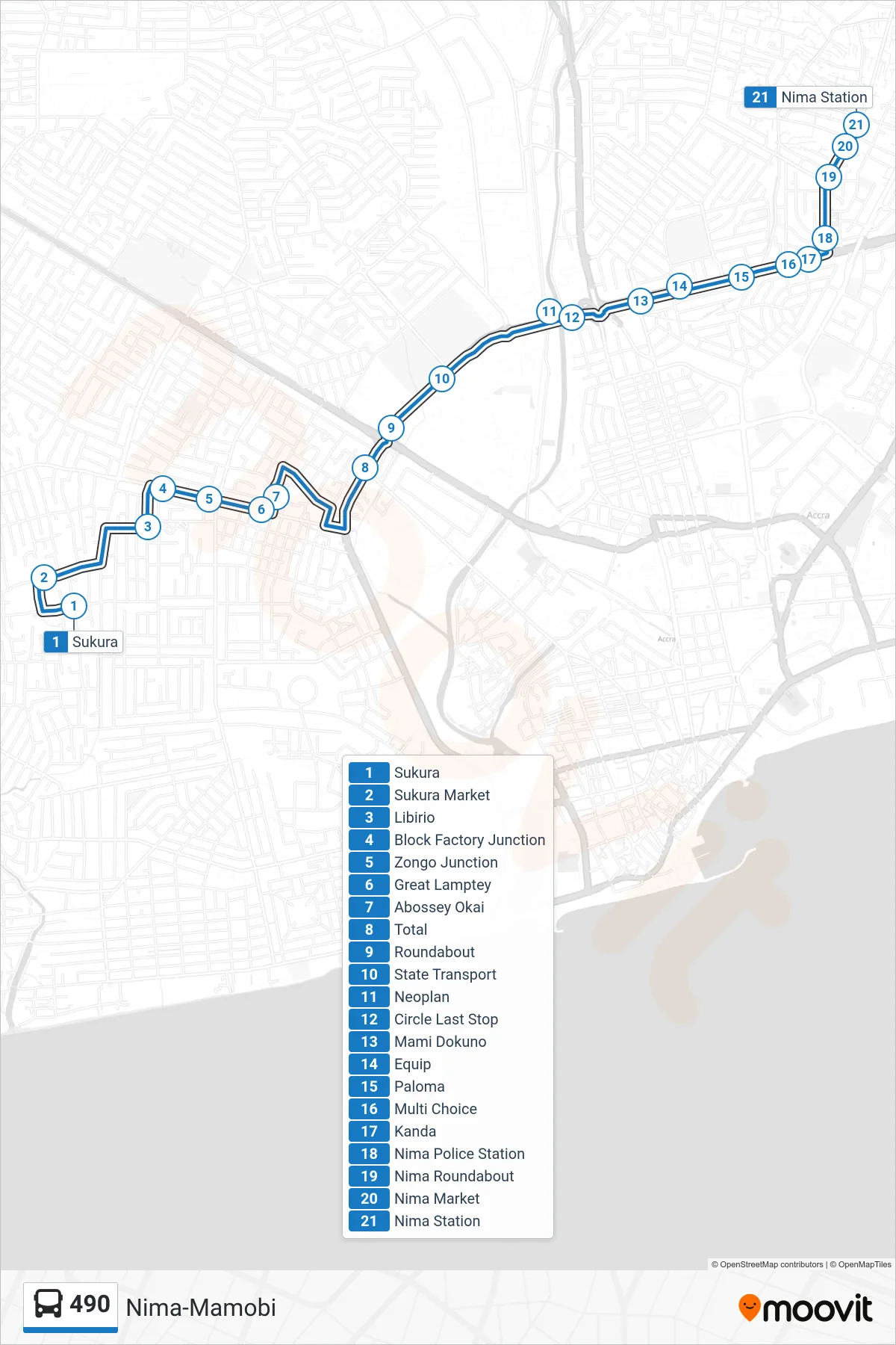 490 bus Line (Nima-Mamobi) route and stops on a map