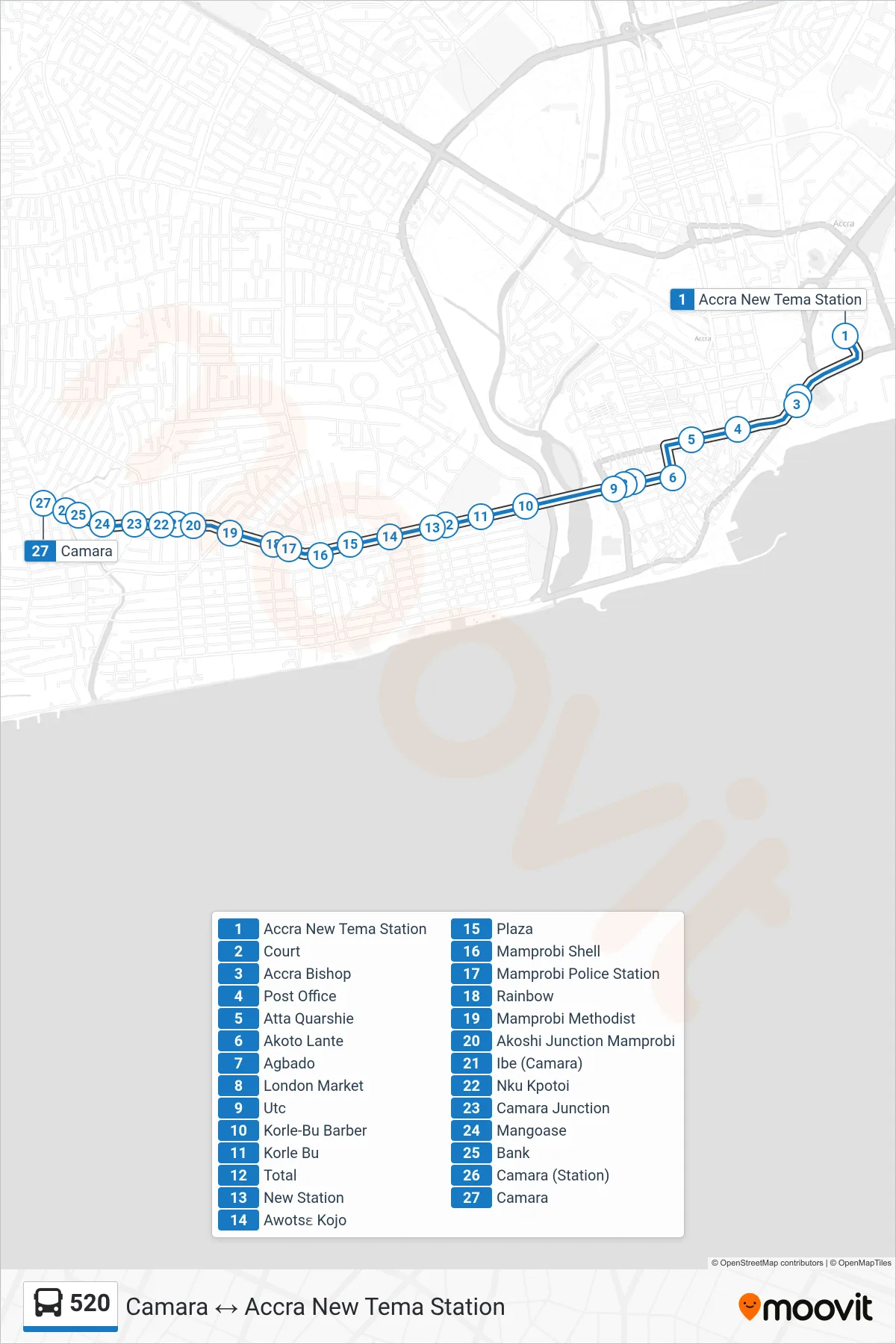 520 bus Line (Camara) route and stops on a map