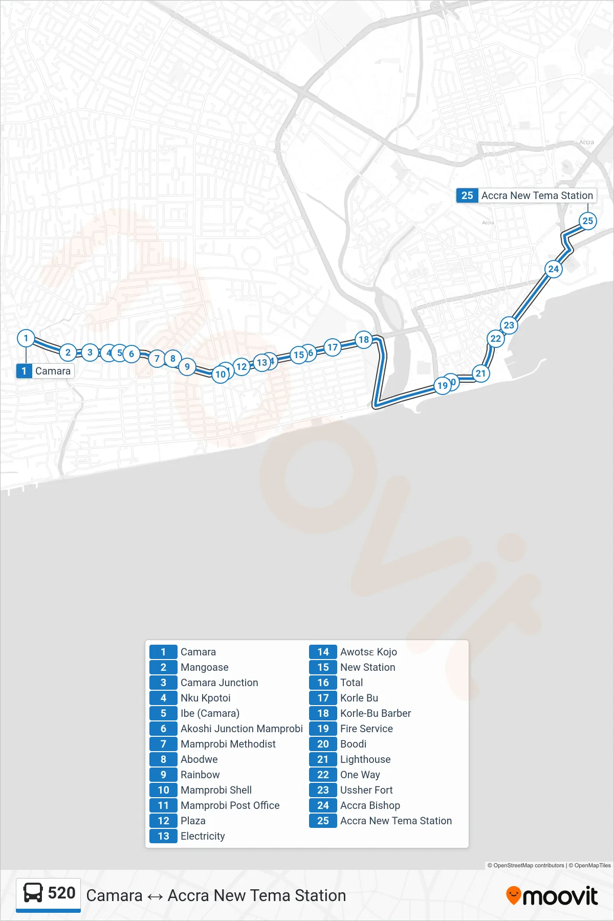 520 bus Line (Accra New Tema Station) route and stops on a map