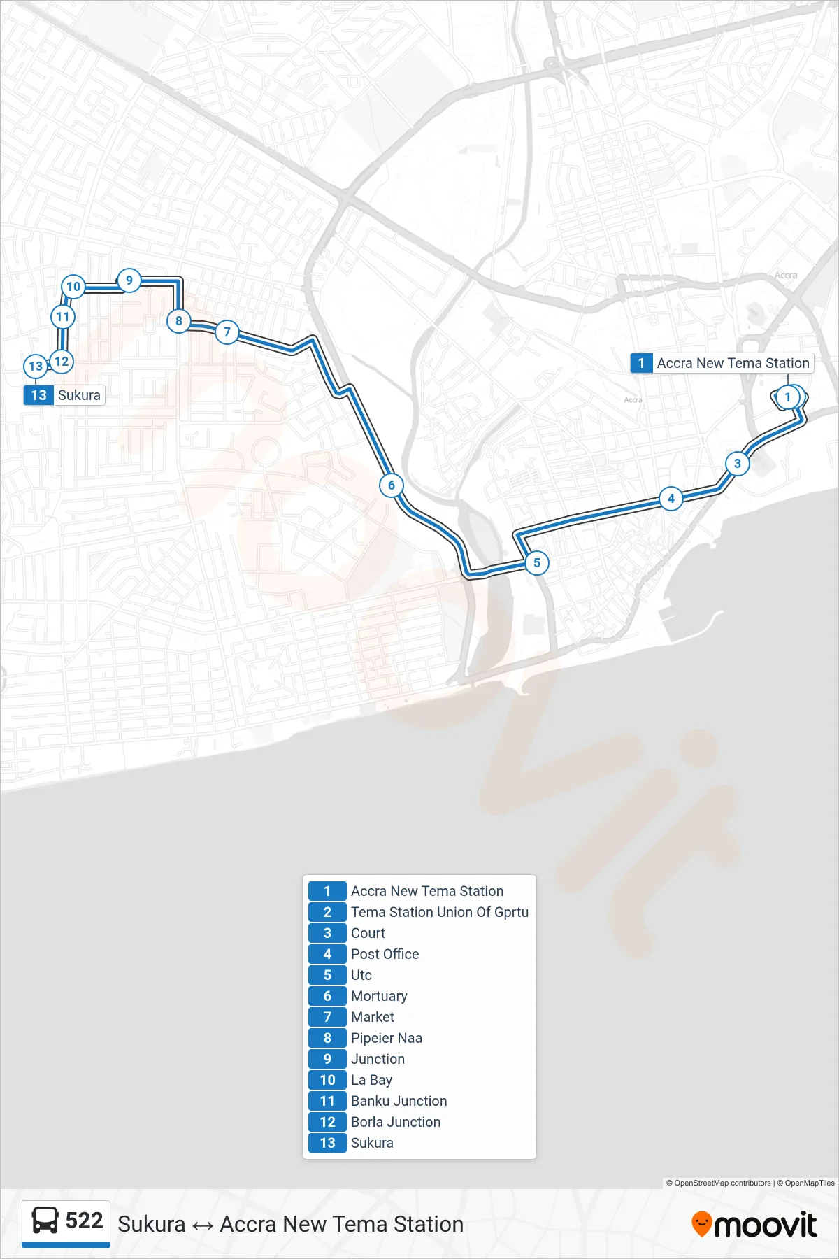 522 bus Line (Sukura) route and stops on a map