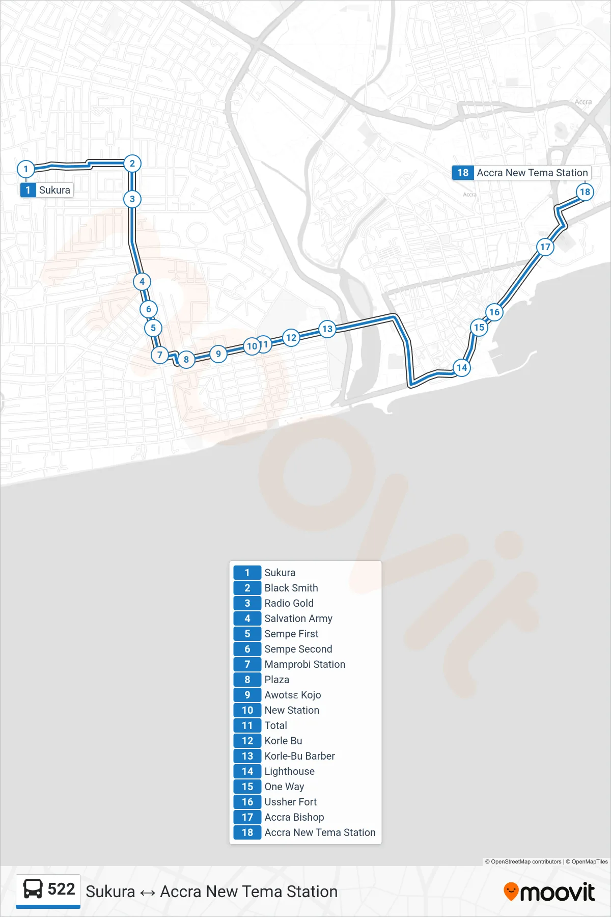 522 bus Line (Accra New Tema Station) route and stops on a map