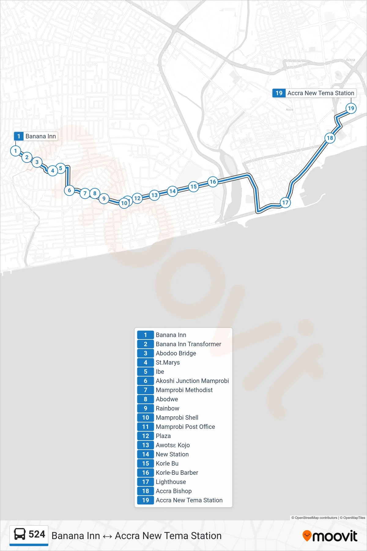 524 bus Line (Accra New Tema Station) route and stops on a map