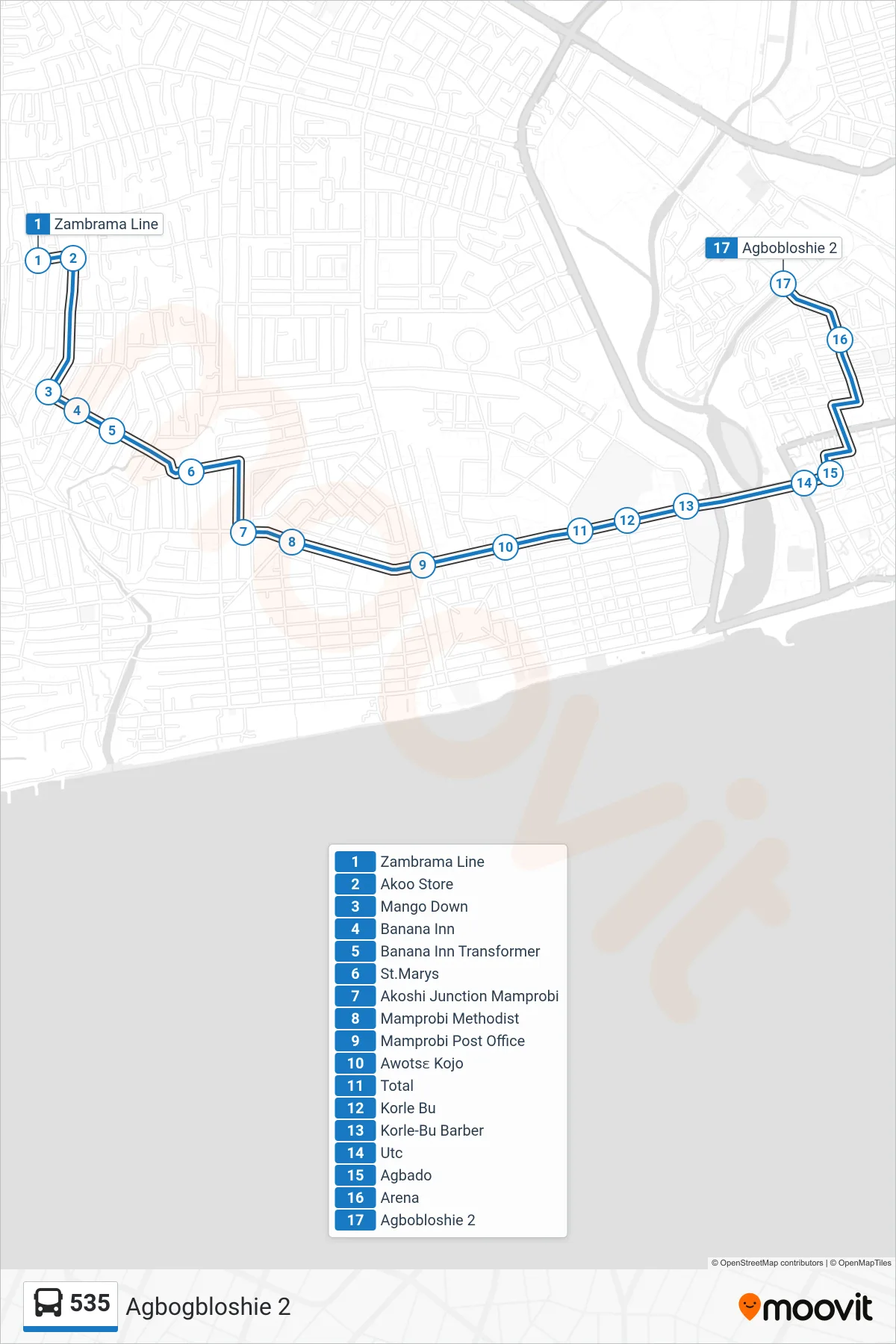 535 bus Line (Agbogbloshie 2) route and stops on a map