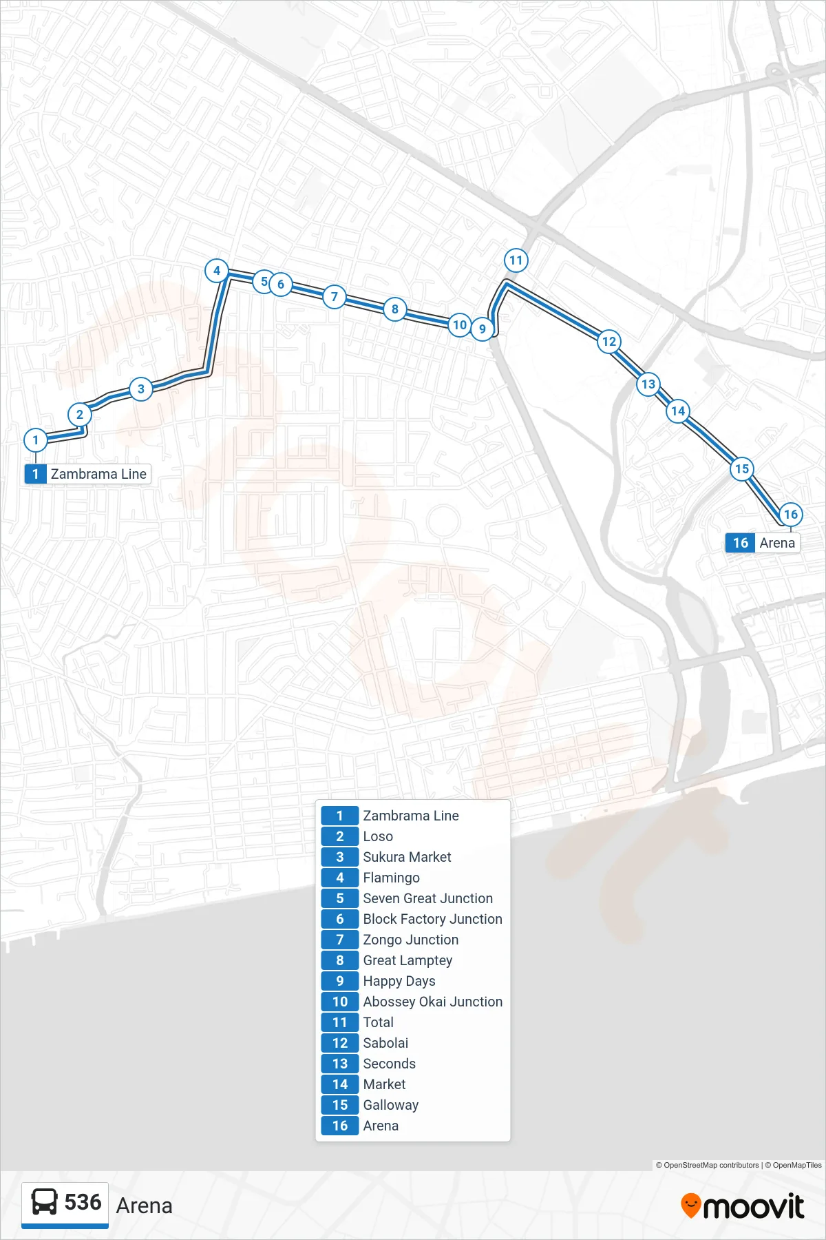 536 bus Line (Arena) route and stops on a map