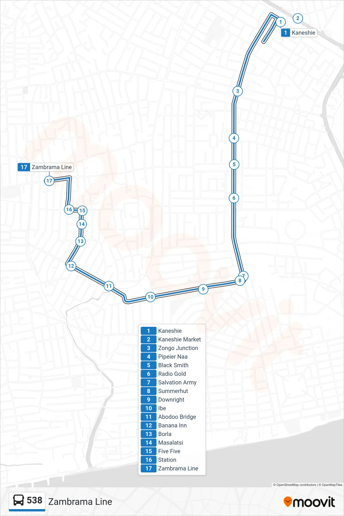 538 bus Line (Zambrama Line) route and stops on a map