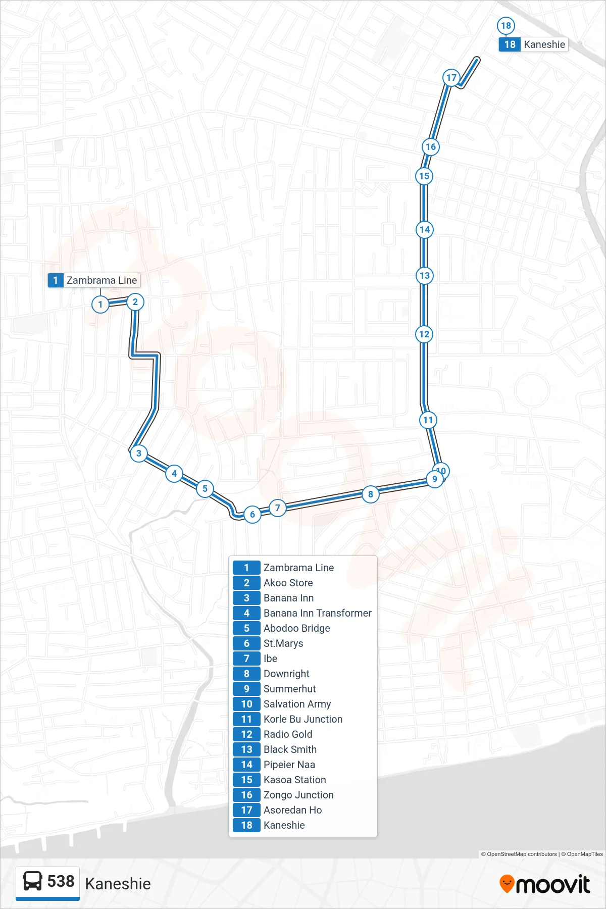 538 bus Line (Kaneshie) route and stops on a map