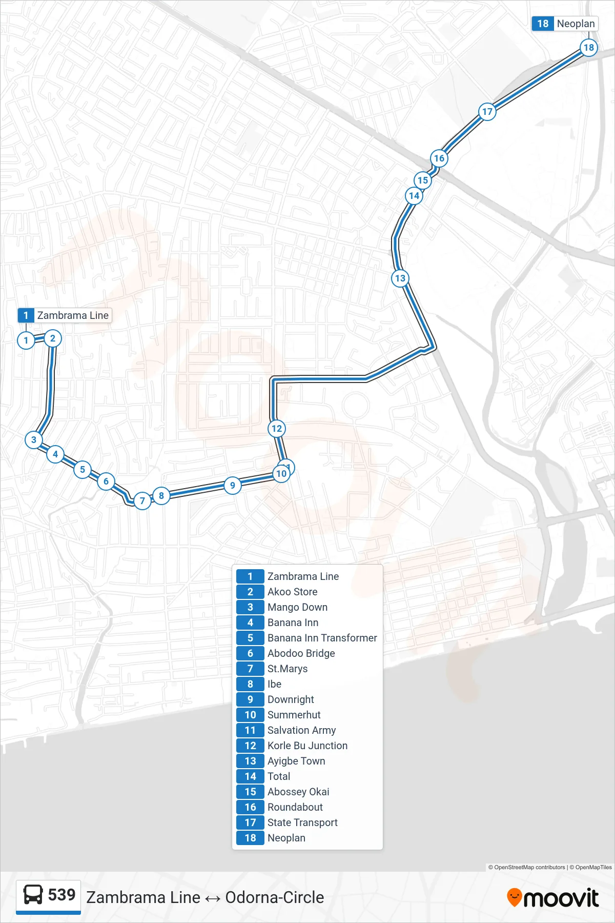539 bus Line (Odorna-Circle) route and stops on a map