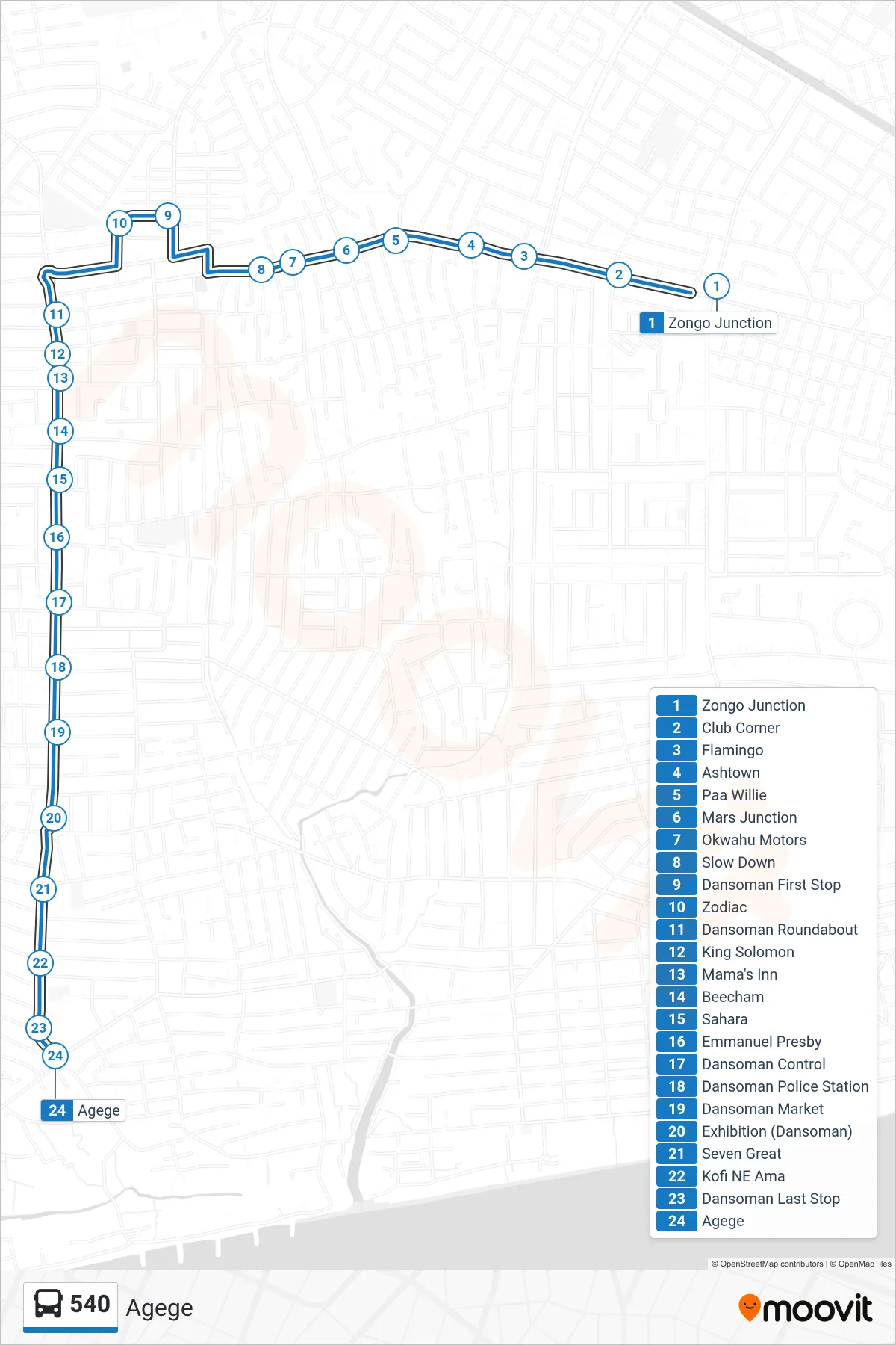 540 bus Line (Agege) route and stops on a map