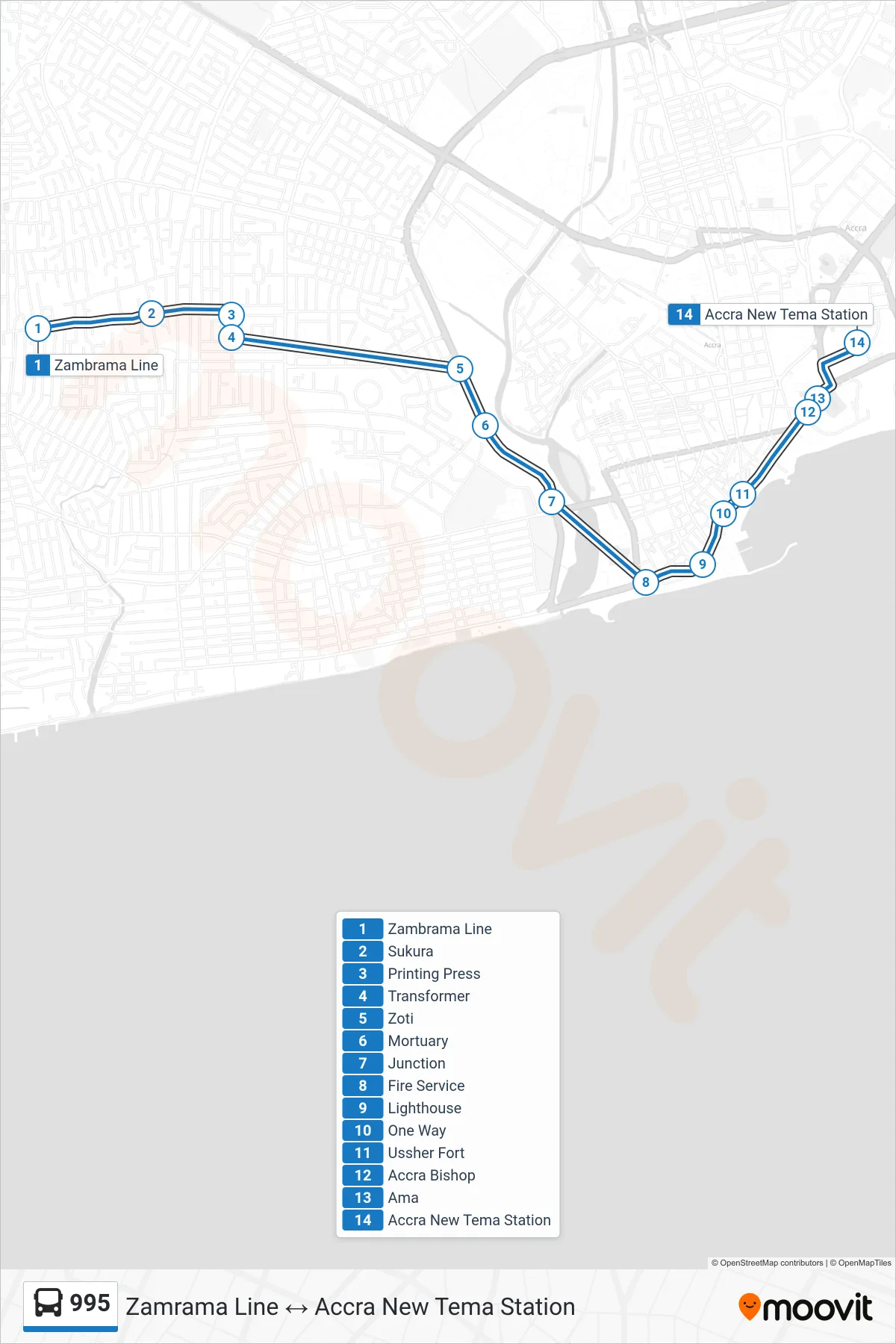 995 bus Line (Accra New Tema Station) route and stops on a map