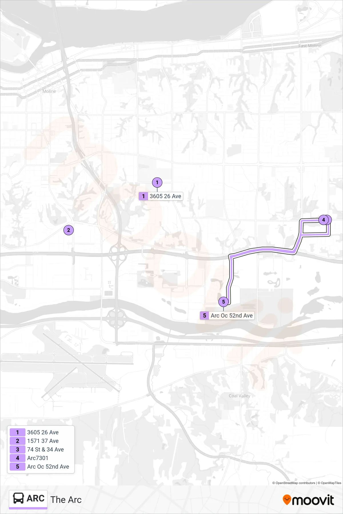 ARC bus Line (The Arc) route and stops on a map