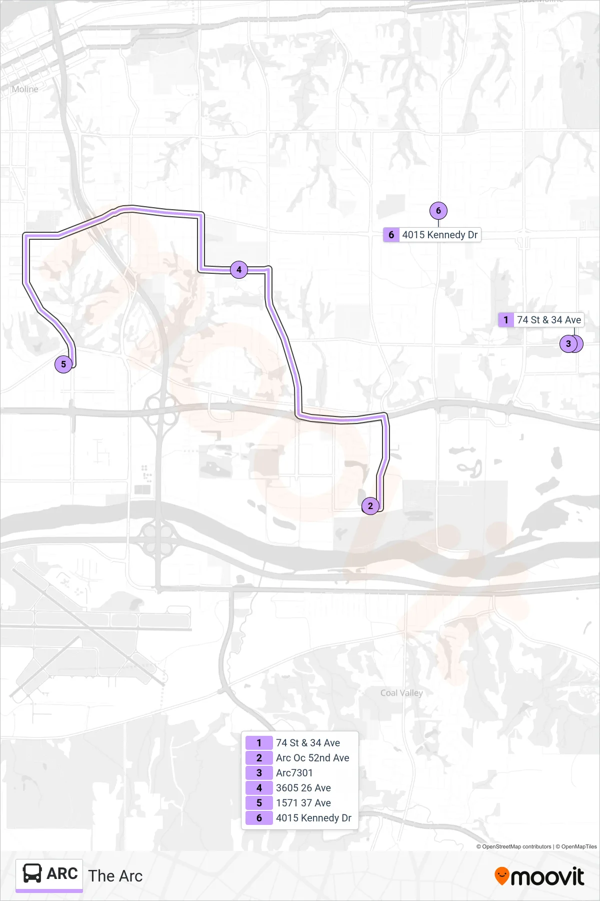 ARC bus Line (The Arc) route and stops on a map