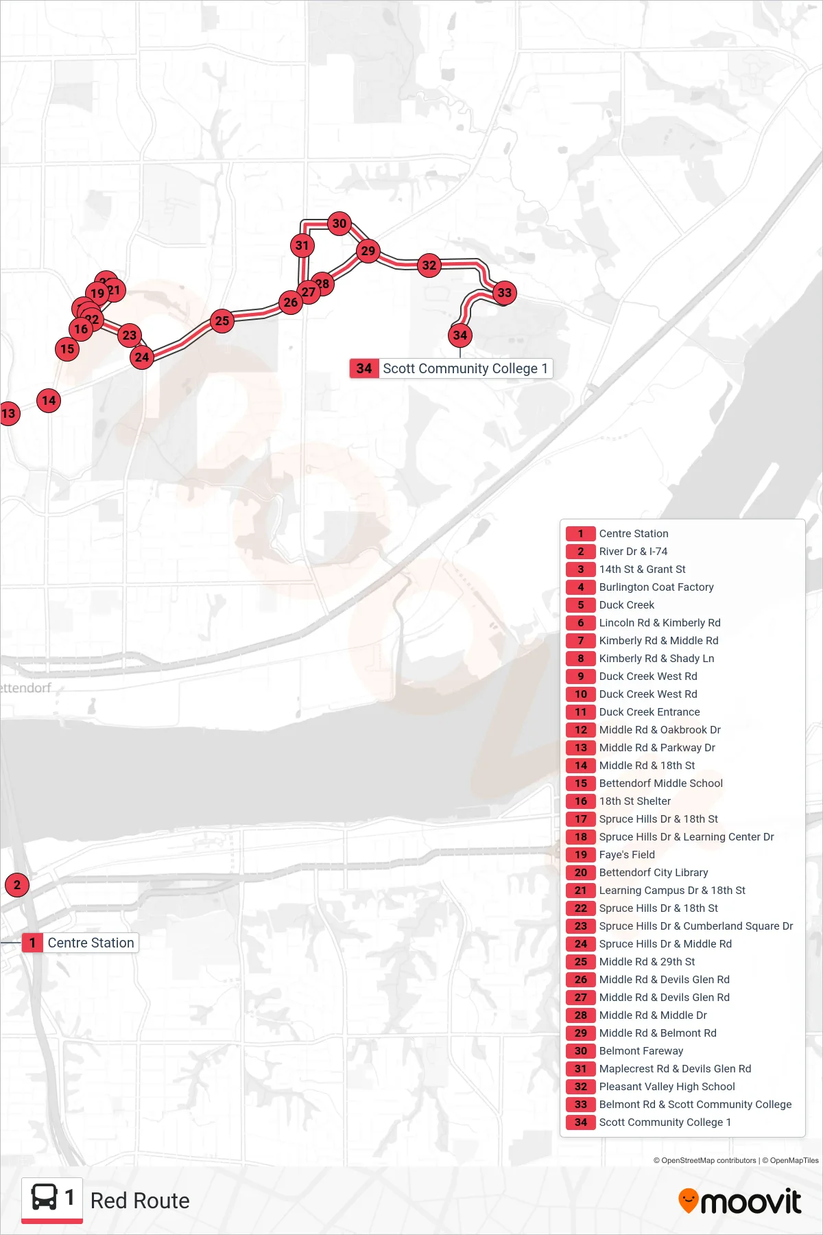 1 bus Line (Scott Comm. College) route and stops on a map