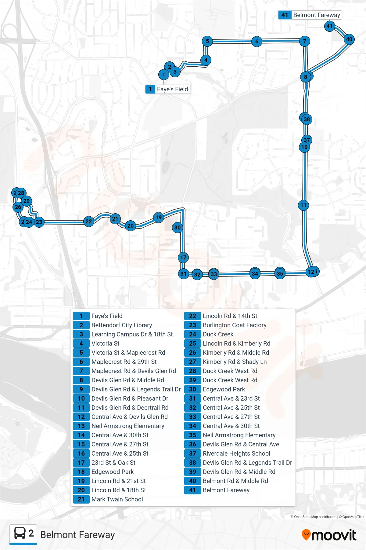 2 bus Line (Belmont Fareway) route and stops on a map