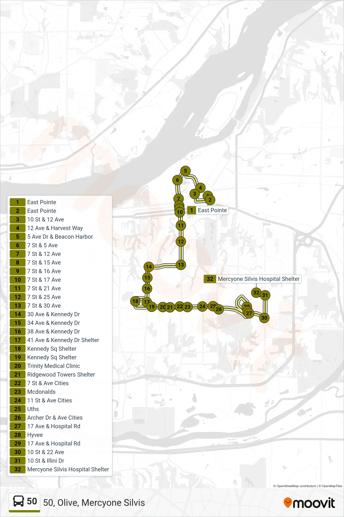 50 bus Line (50, Olive, Mercyone Silvis) route and stops on a map