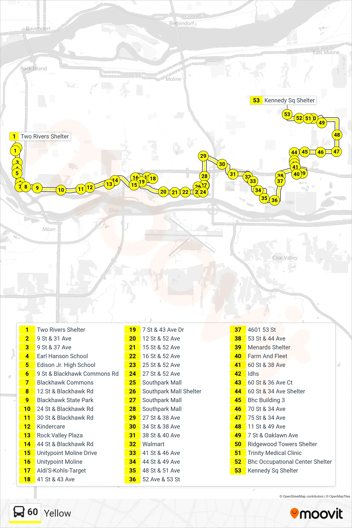 60 bus Line (60 East, Yellow, Kennedy Sq) route and stops on a map
