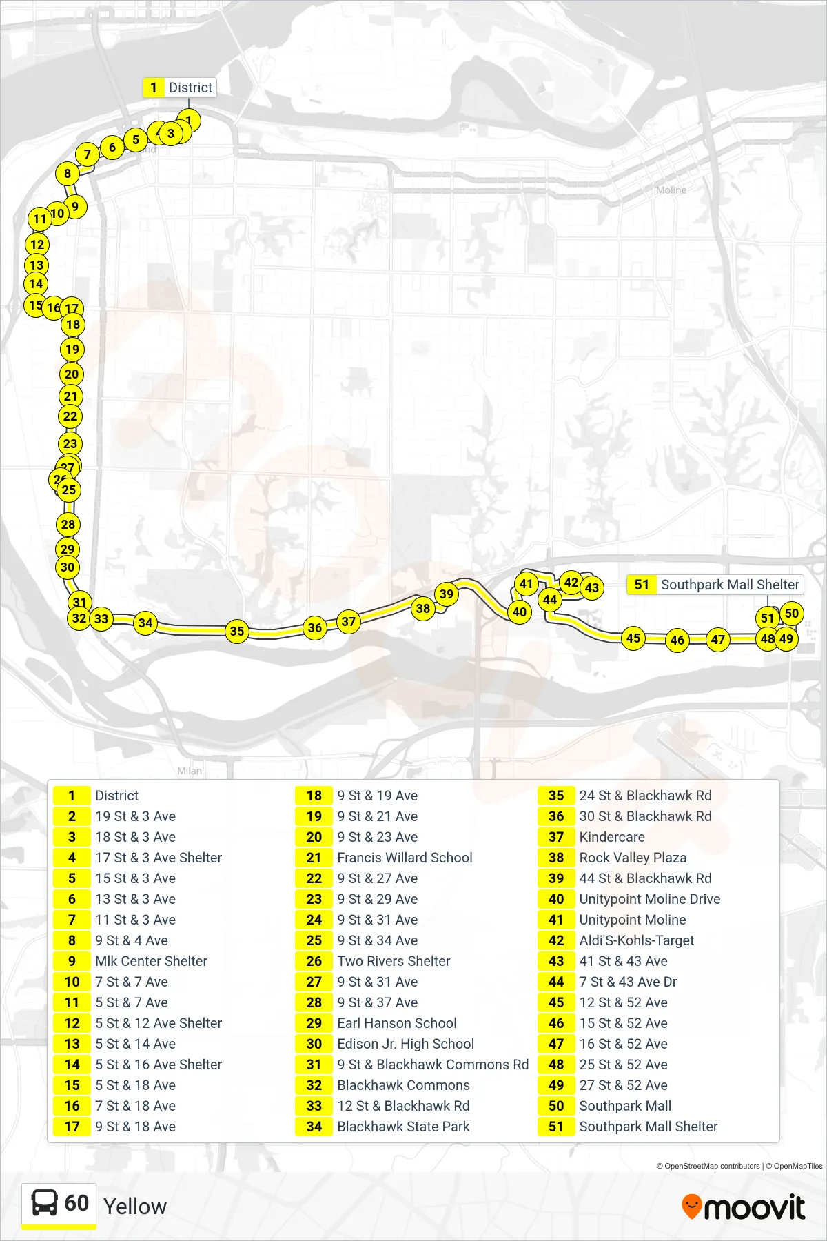60 bus Line (60lb, Yellow, Last Bus ->, Southpark) route and stops on a map