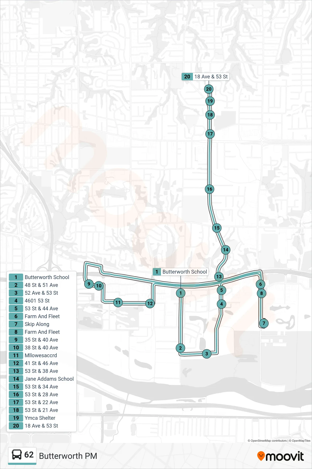 62 bus Line (62, Valley View, Skip-A-Long, Cloverleaf) route and stops on a map