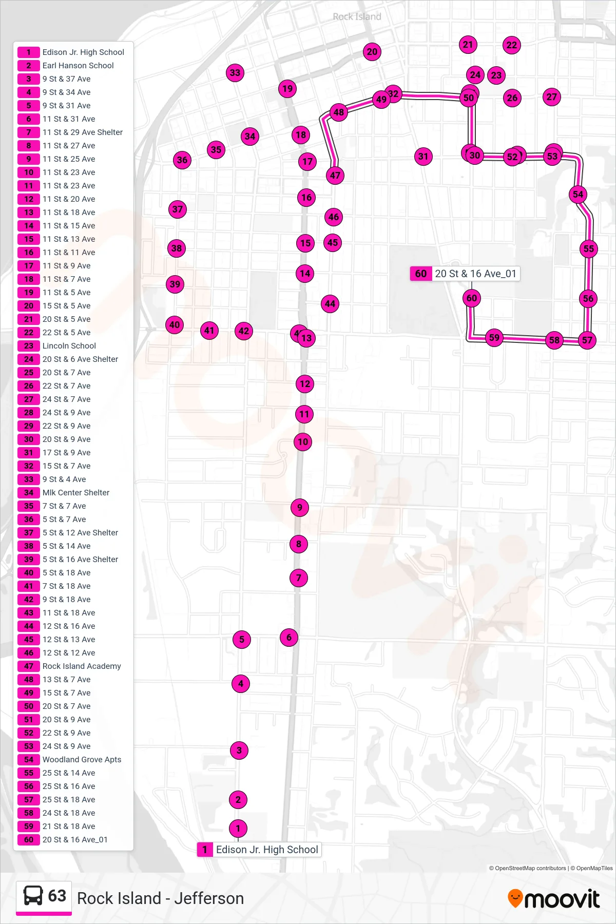 63 bus Line (63, Ri Academy, Math & Science) route and stops on a map