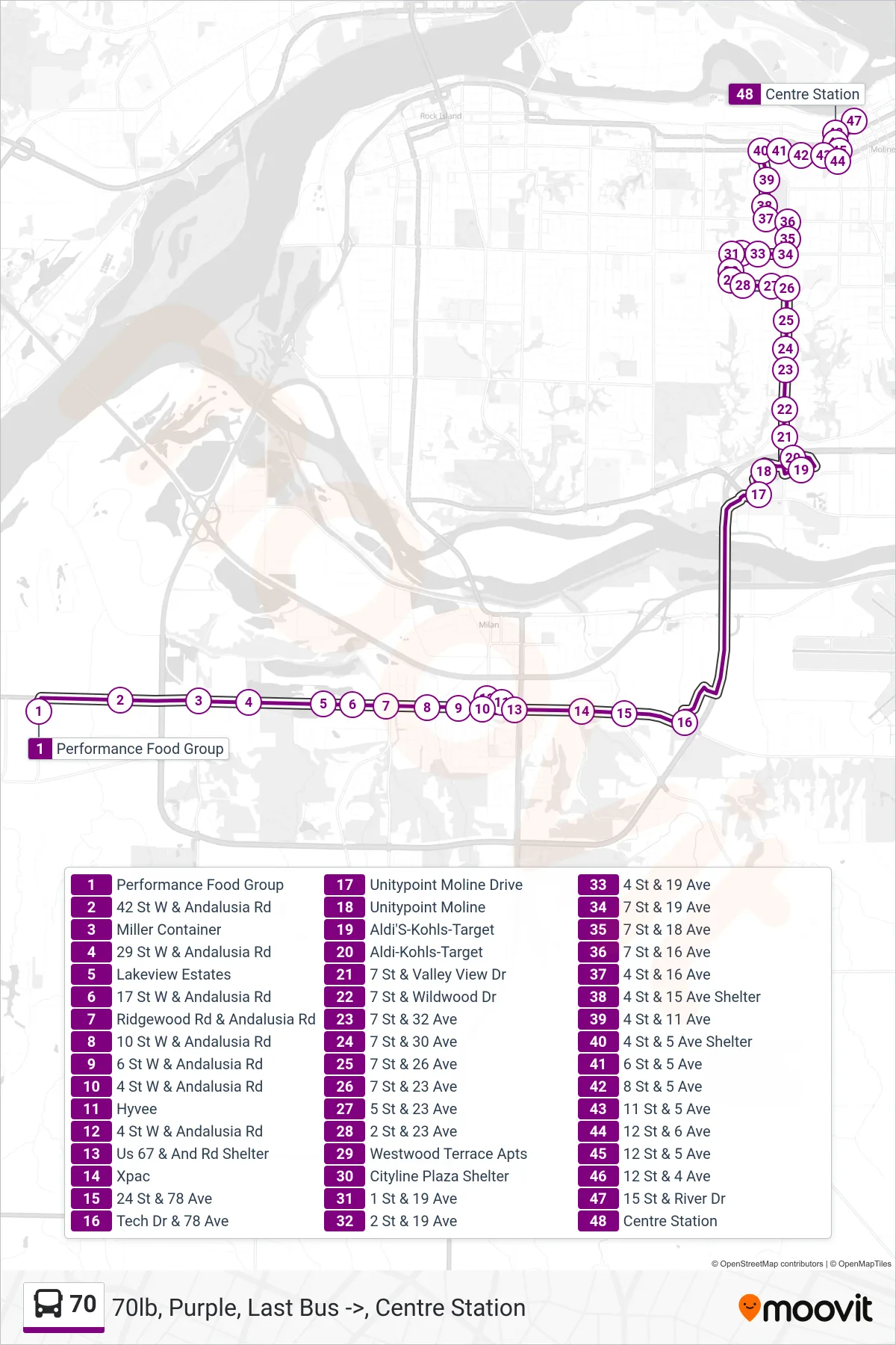 70 bus Line (70lb, Purple, Last Bus ->, Centre Station) route and stops on a map