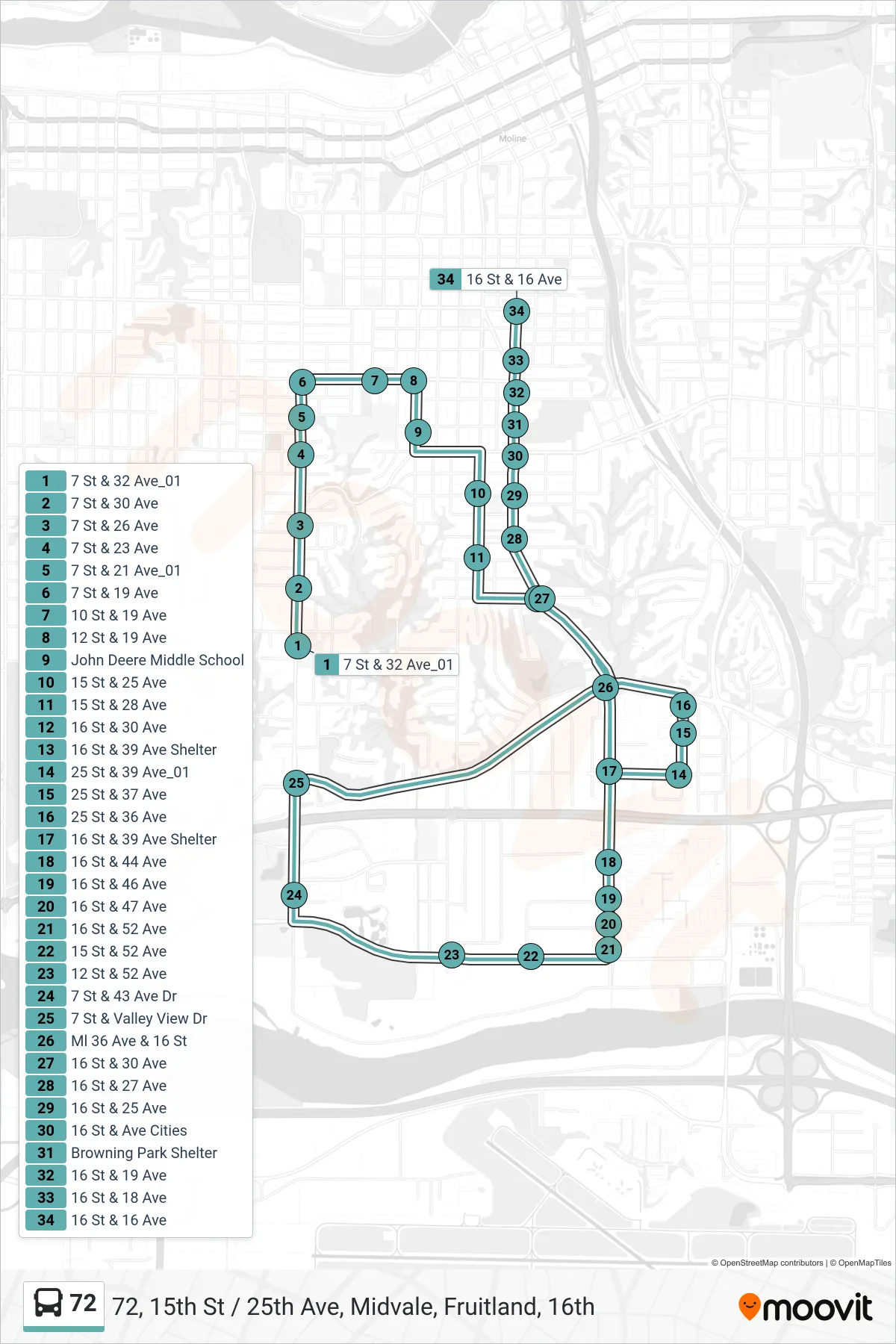 72 bus Line (72, 15th St / 25th Ave, Midvale, Fruitland, 16th) route and stops on a map