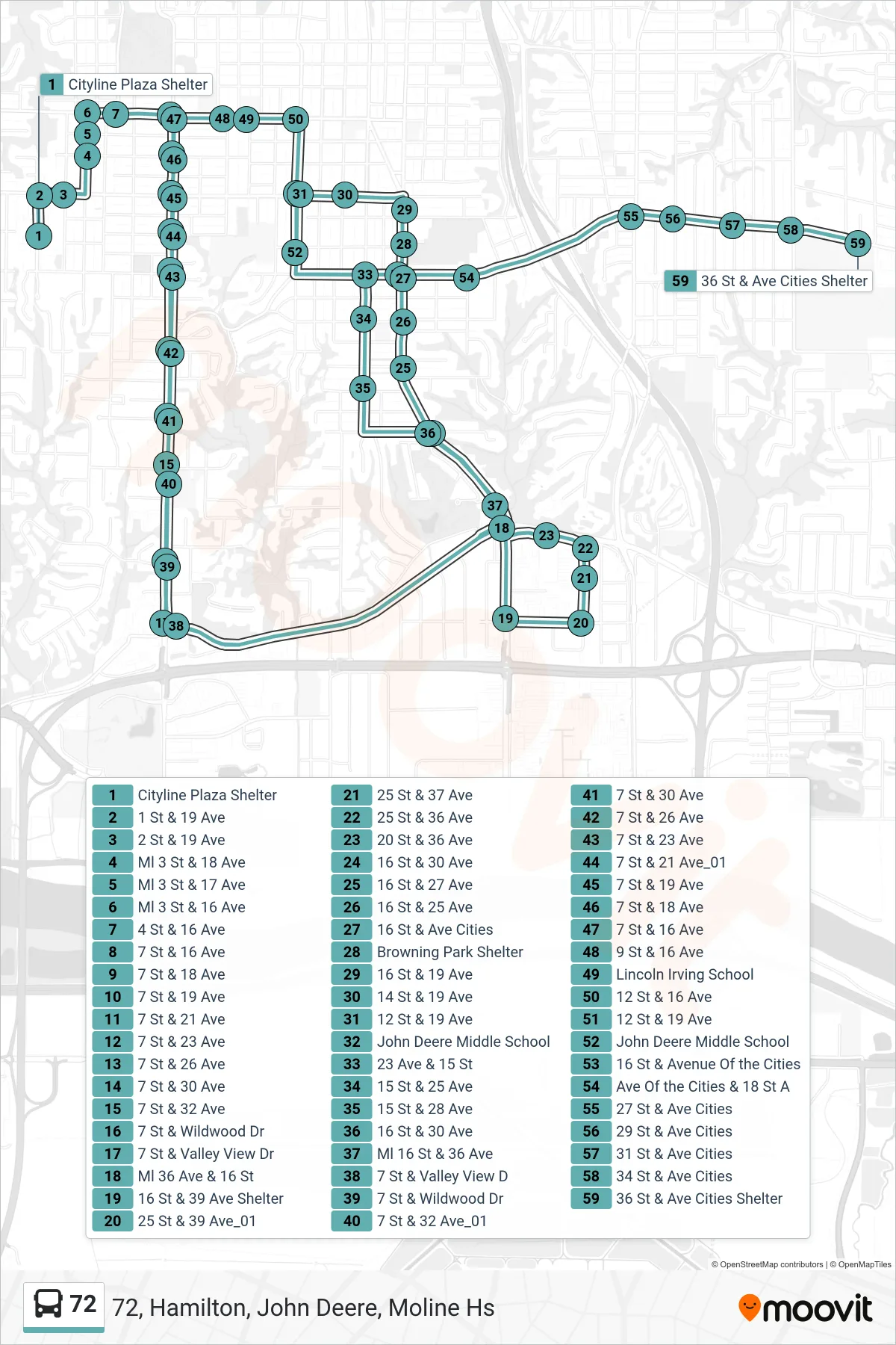 72 bus Line (72, Hamilton, John Deere, Moline Hs) route and stops on a map