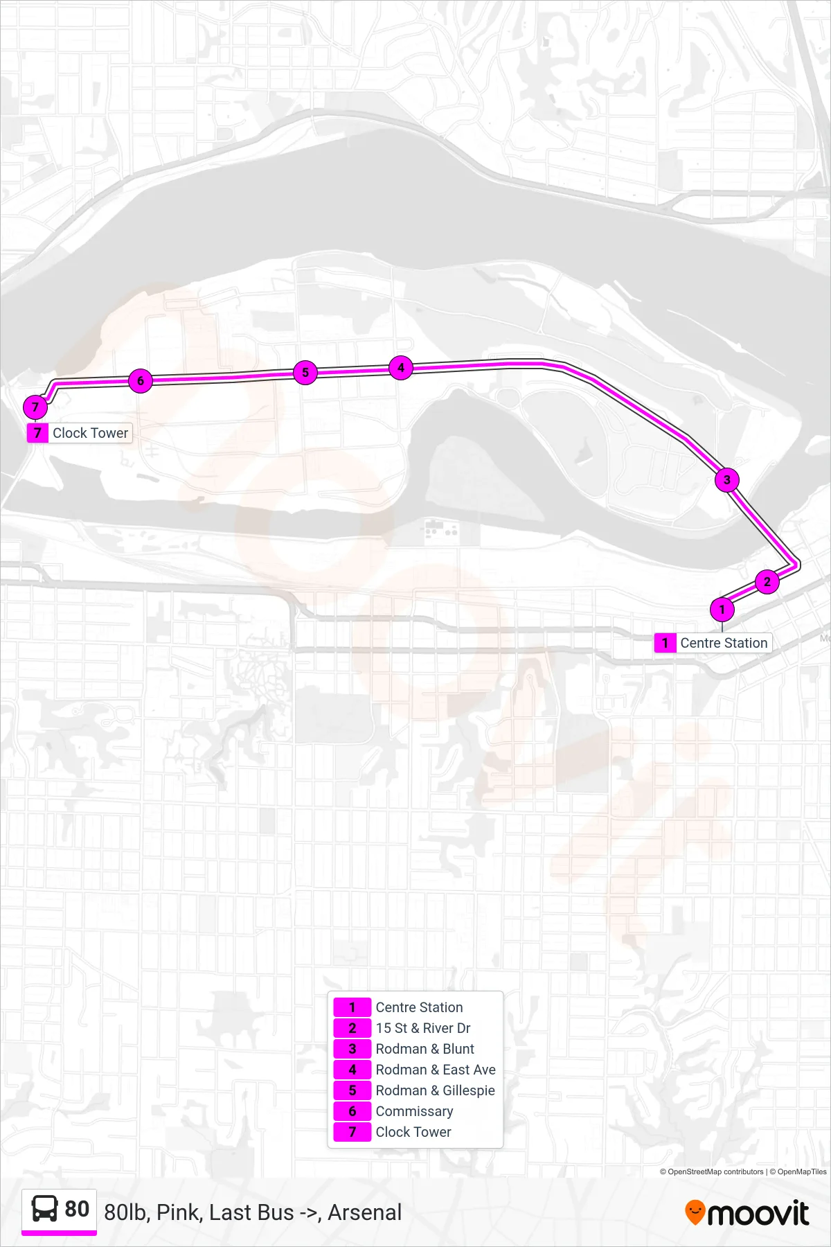 80 bus Line (80lb, Pink, Last Bus ->, Arsenal) route and stops on a map