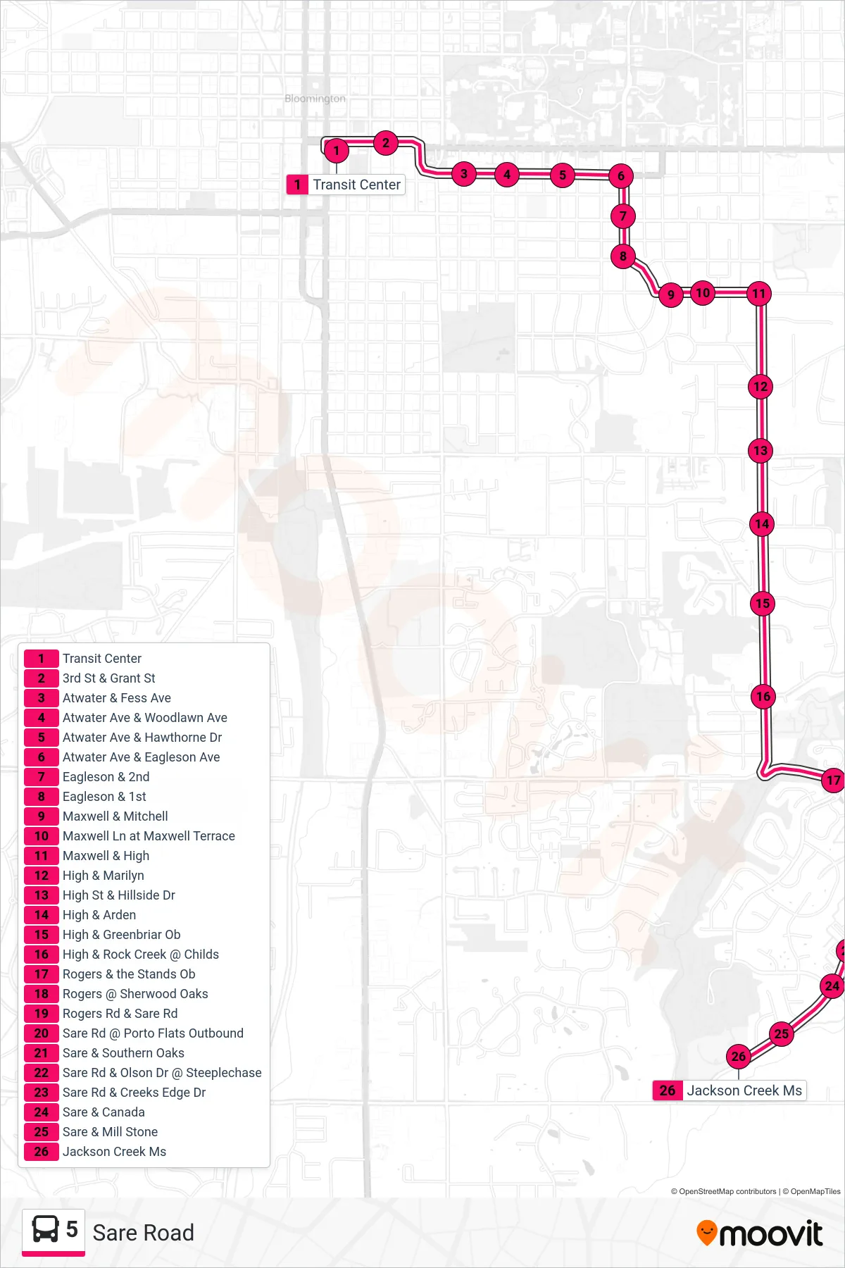 5 bus Line (Jackson Creek Ms) route and stops on a map