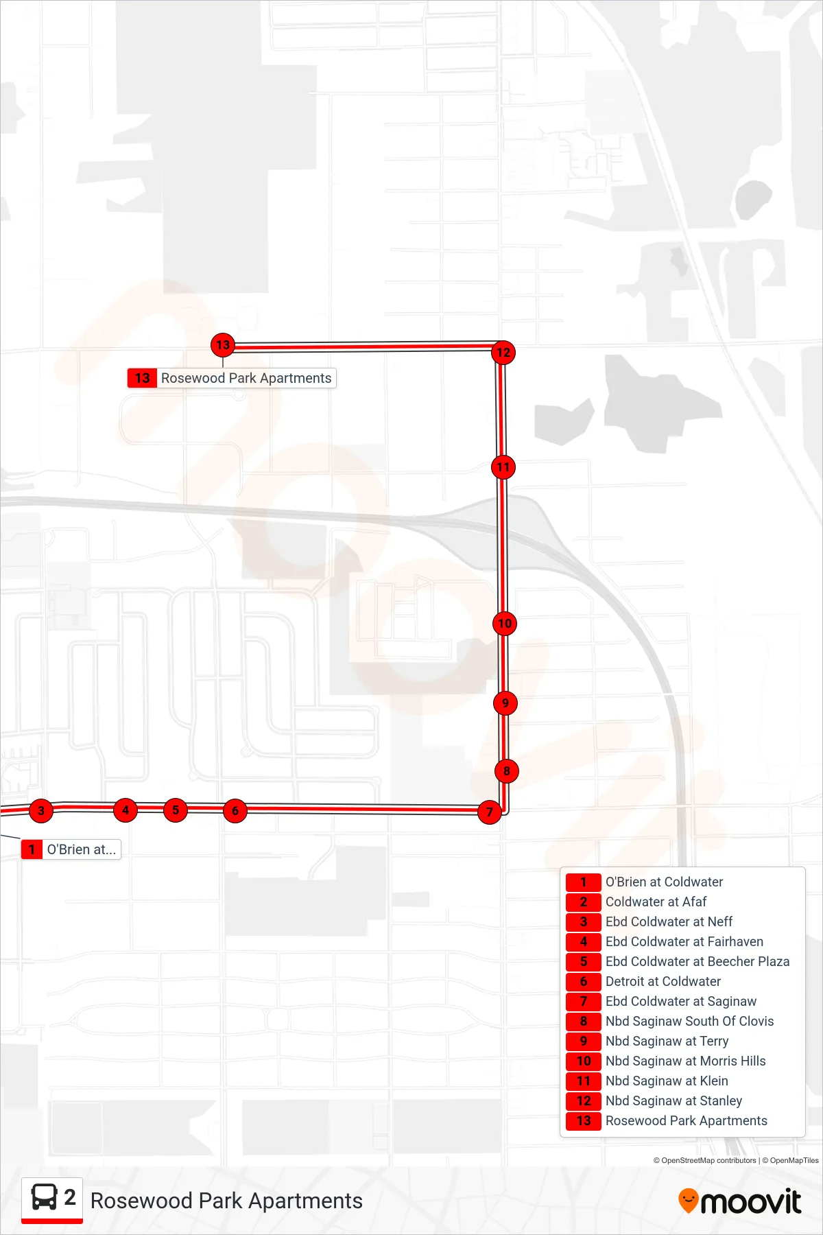 2 bus Line (Rosewood Park Apartments) route and stops on a map