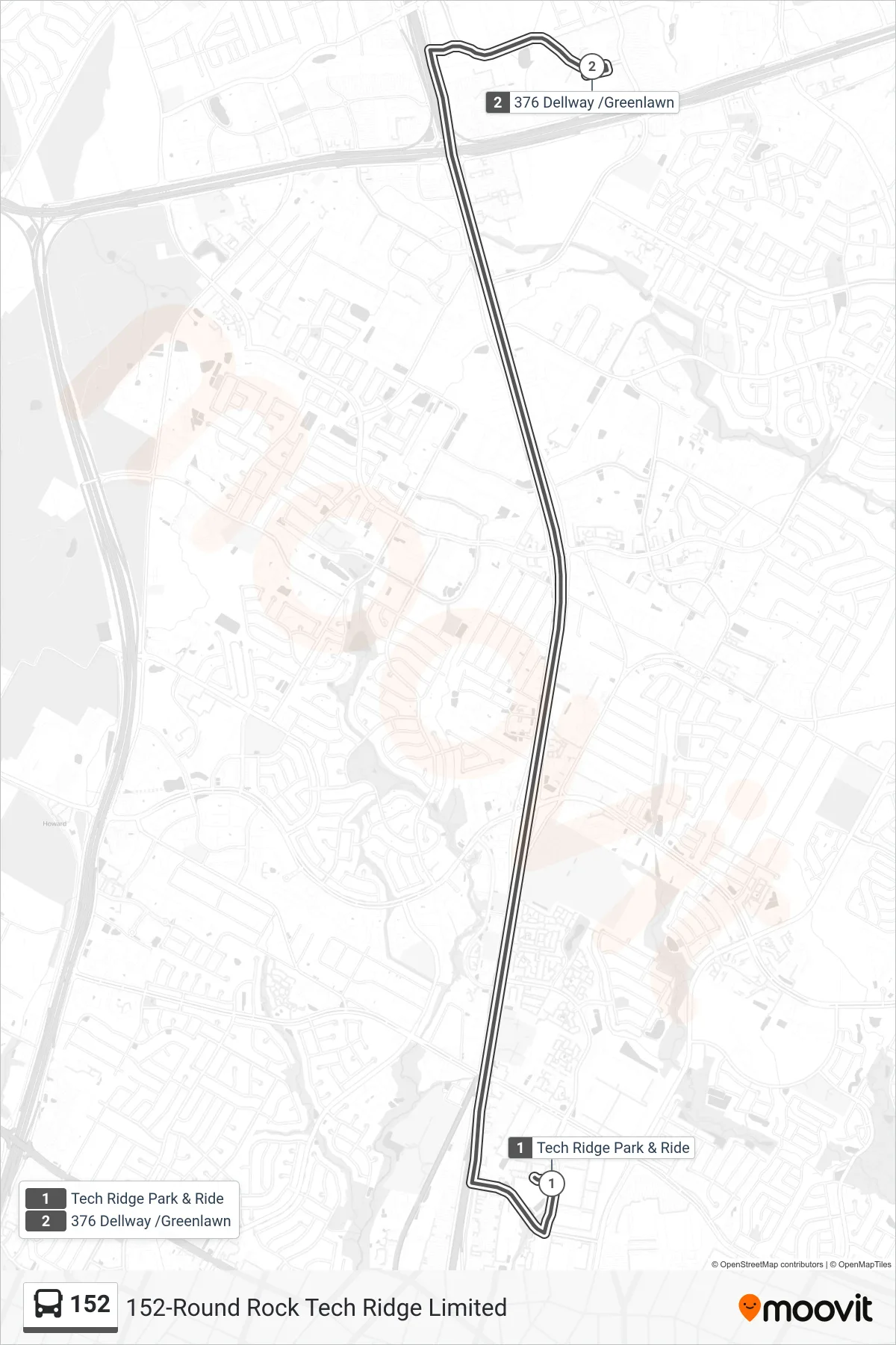 152 bus Line (152 Round Rock Nb) route and stops on a map